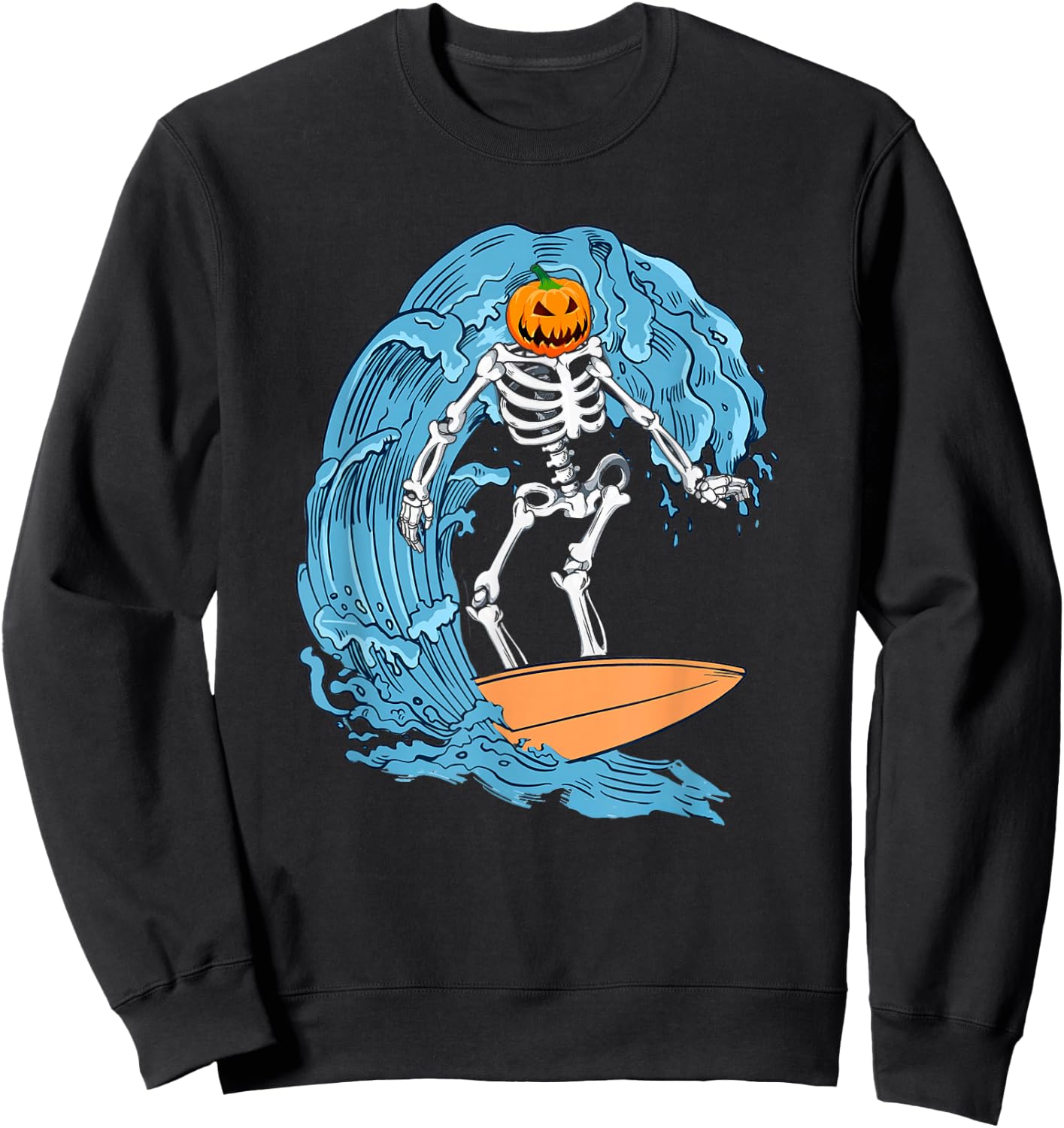 Skeleton Surfing Halloween Pumpkin Surfer Sweatshirt - Sweatshirt | Black