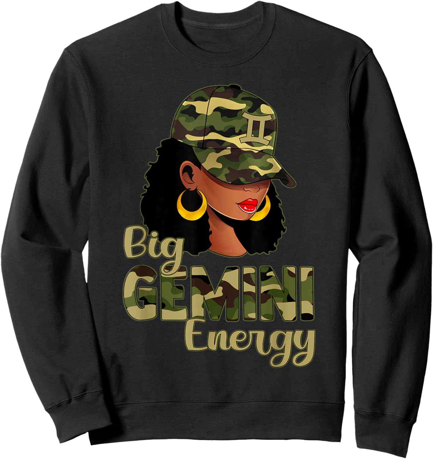 Big Gemini Energy Black Woman Camo Cap Hat Zodiac Sign Sweatshirt - Sweatshirt | Black