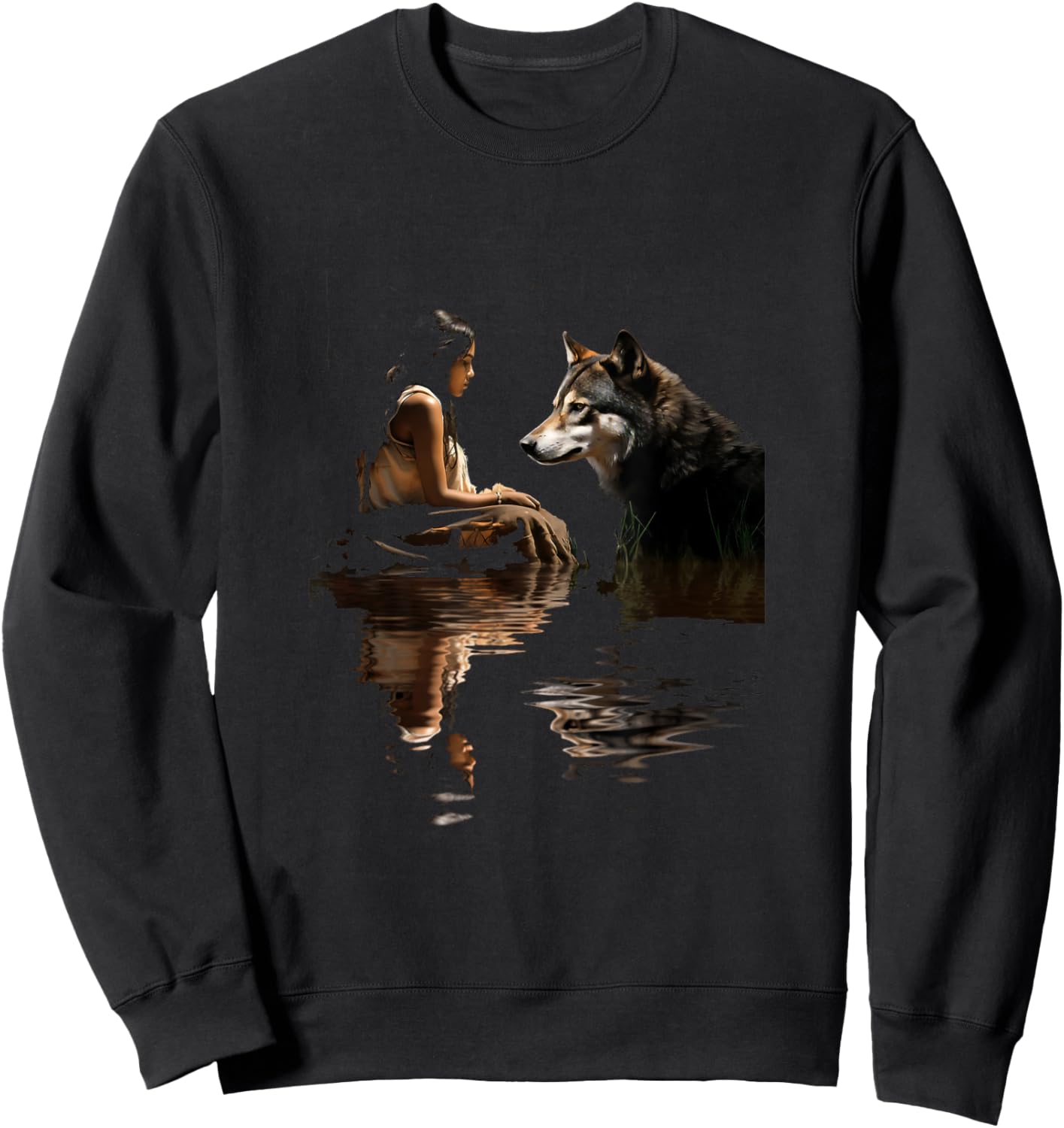 Native American Woman Girl and Wolf In The Lake Indian Sweatshirt - Sweatshirt | Black