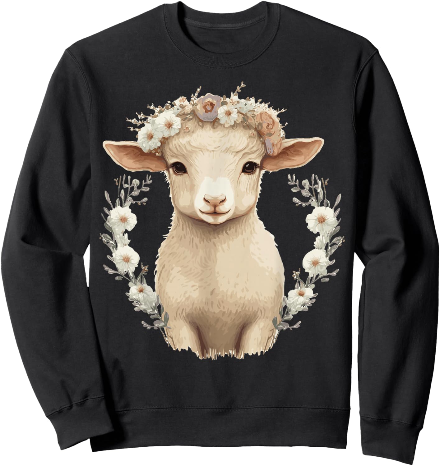 Cute Lamb Flower Crown Sheep Baby Floral Farm Animal Pet Sweatshirt - Sweatshirt | Black