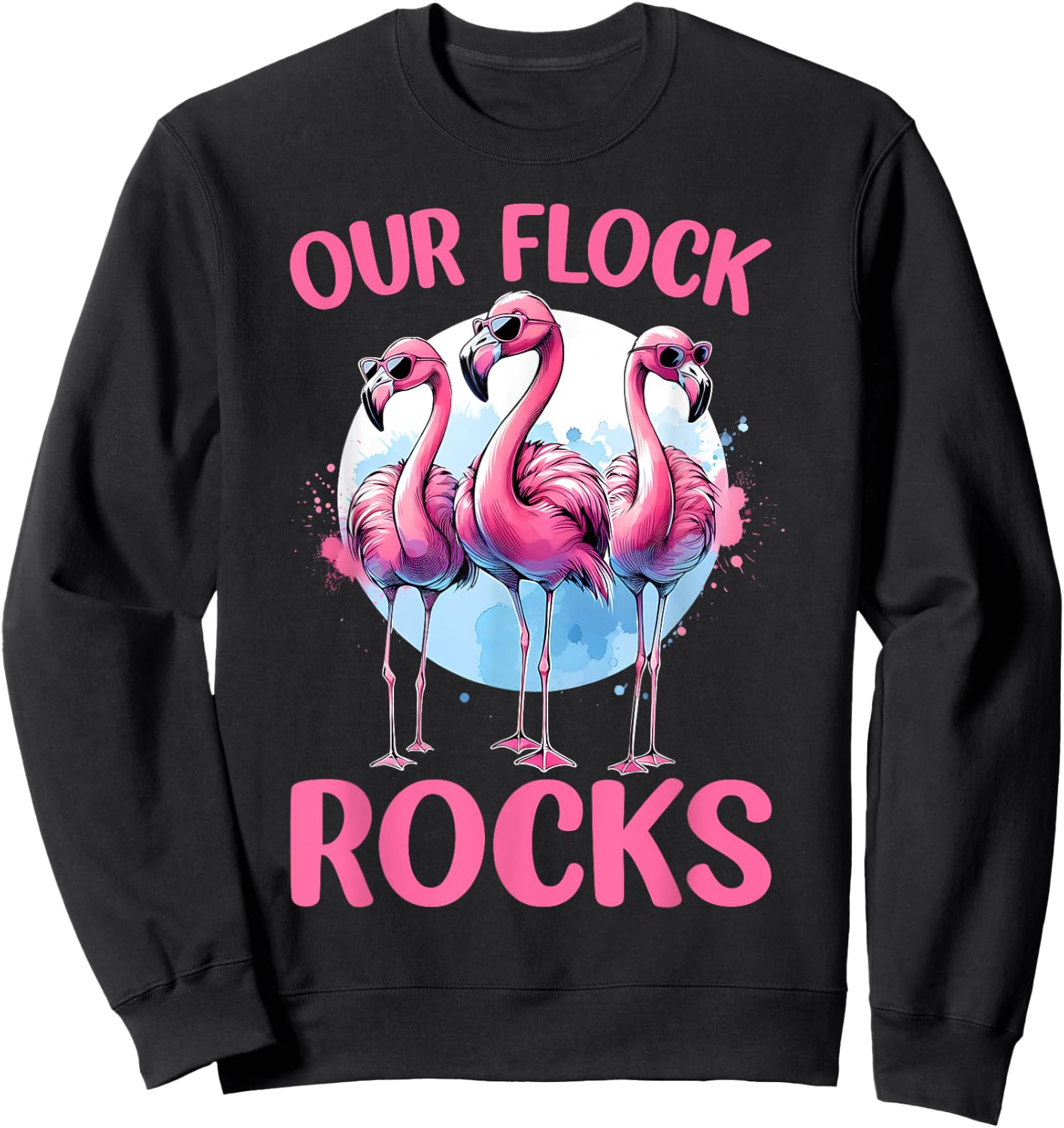 Our Flock Rocks Flamingos Lover Family Vacation Group Sweatshirt - Sweatshirt | Black