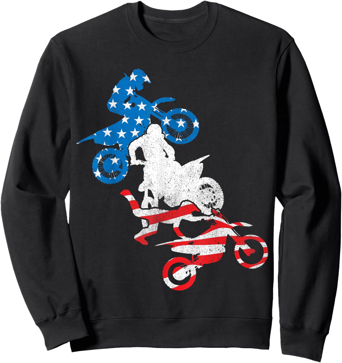 Dirt Bike Rider Blue White Red US Flag Motocross 4th of July Sweatshirt - Sweatshirt | Black