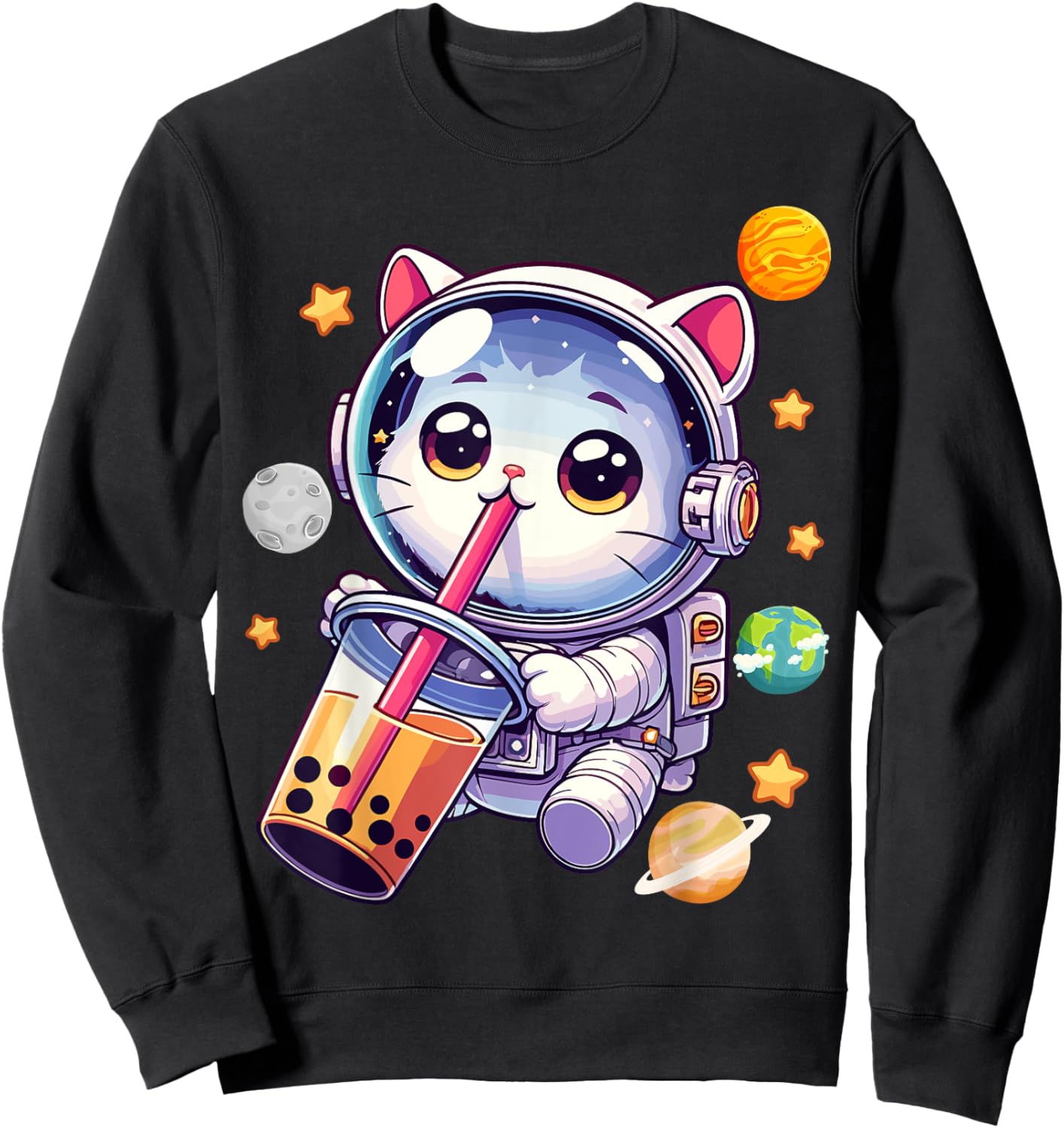 Space Cat Astronaut Boba Tea Boba Cat Galaxy Cute Anime Women Kids Sweatshirt - Sweatshirt | Black