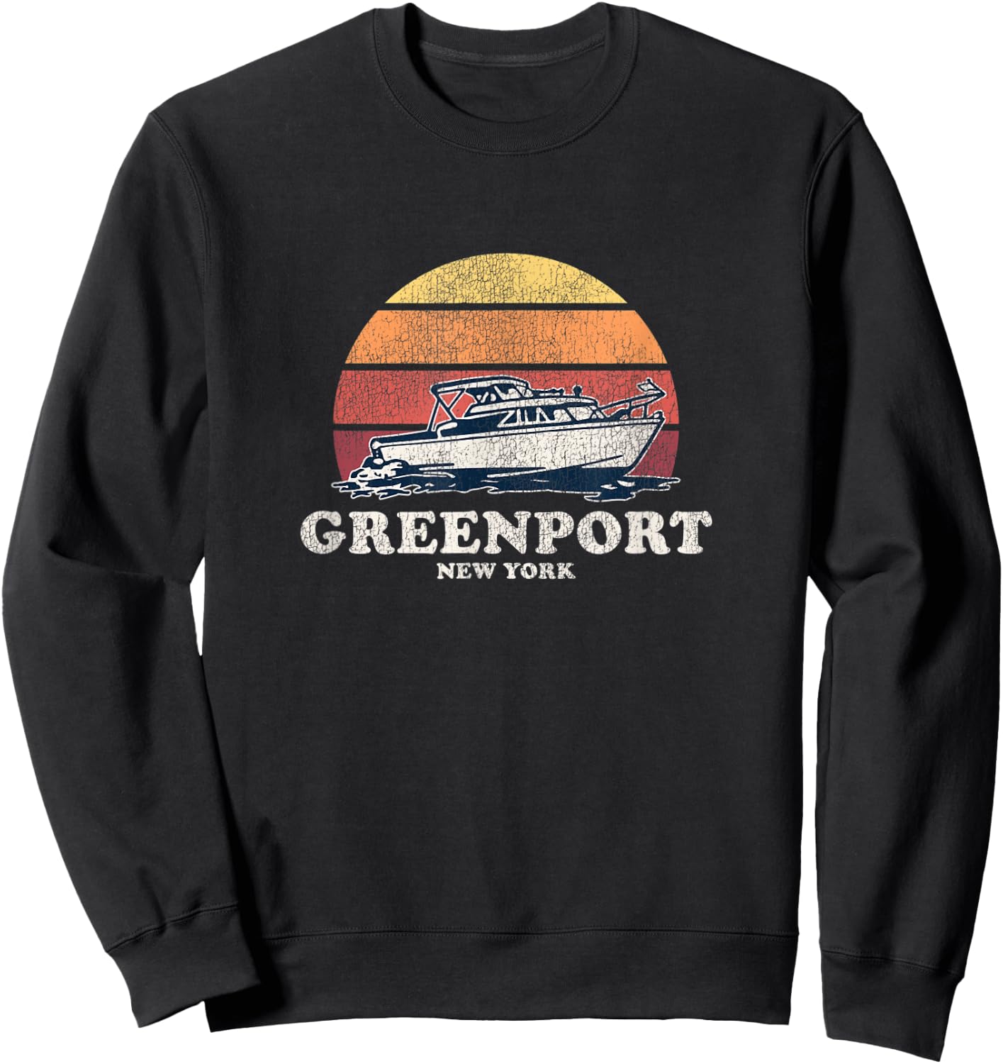 Greenport NY Vintage Boating 70s Retro Boat Design Sweatshirt - Sweatshirt | Black
