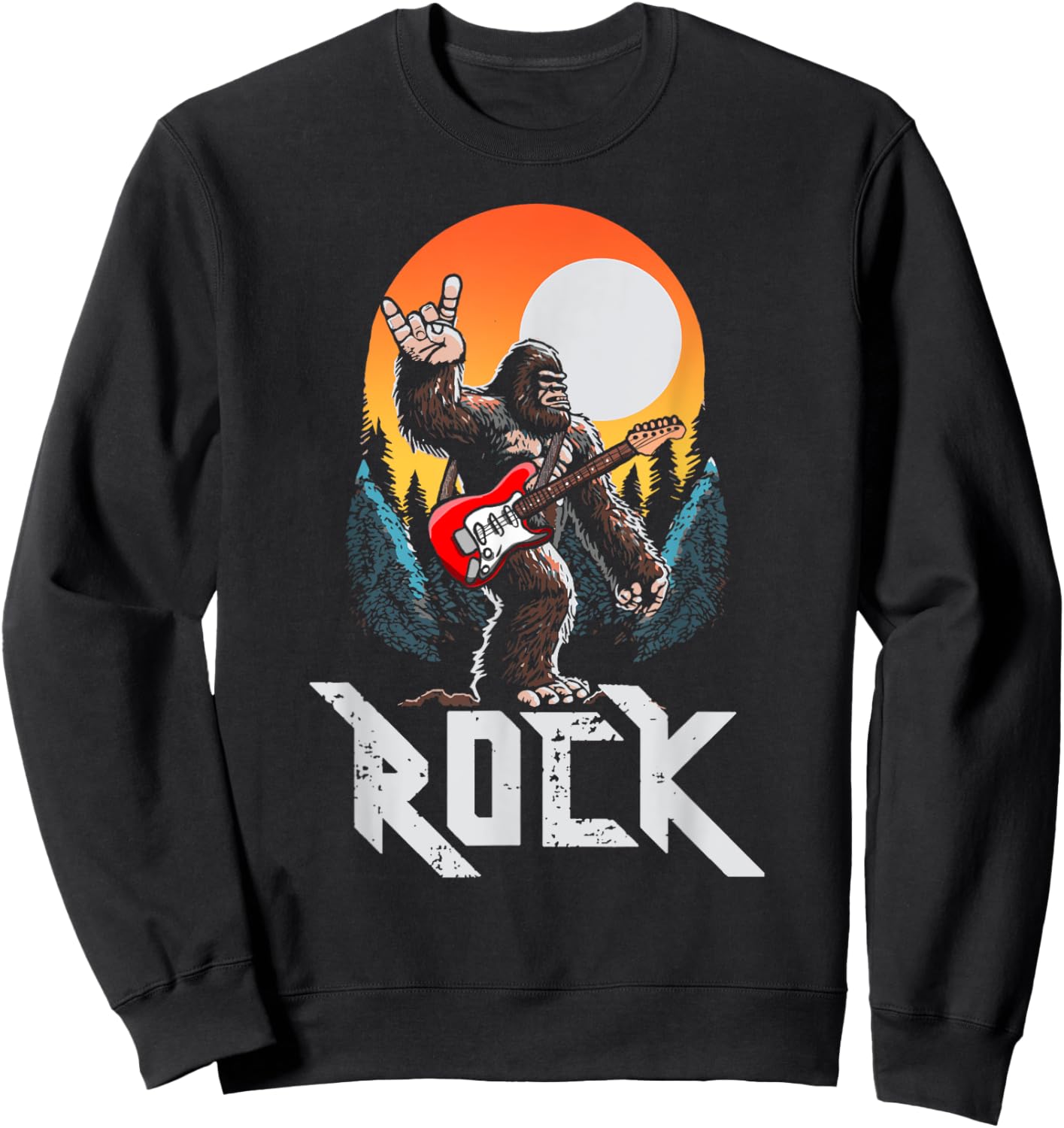 Rock! Sasquatch Rock & Roll Bigfoot Electric Guitar Rock On Sweatshirt - Sweatshirt | Black