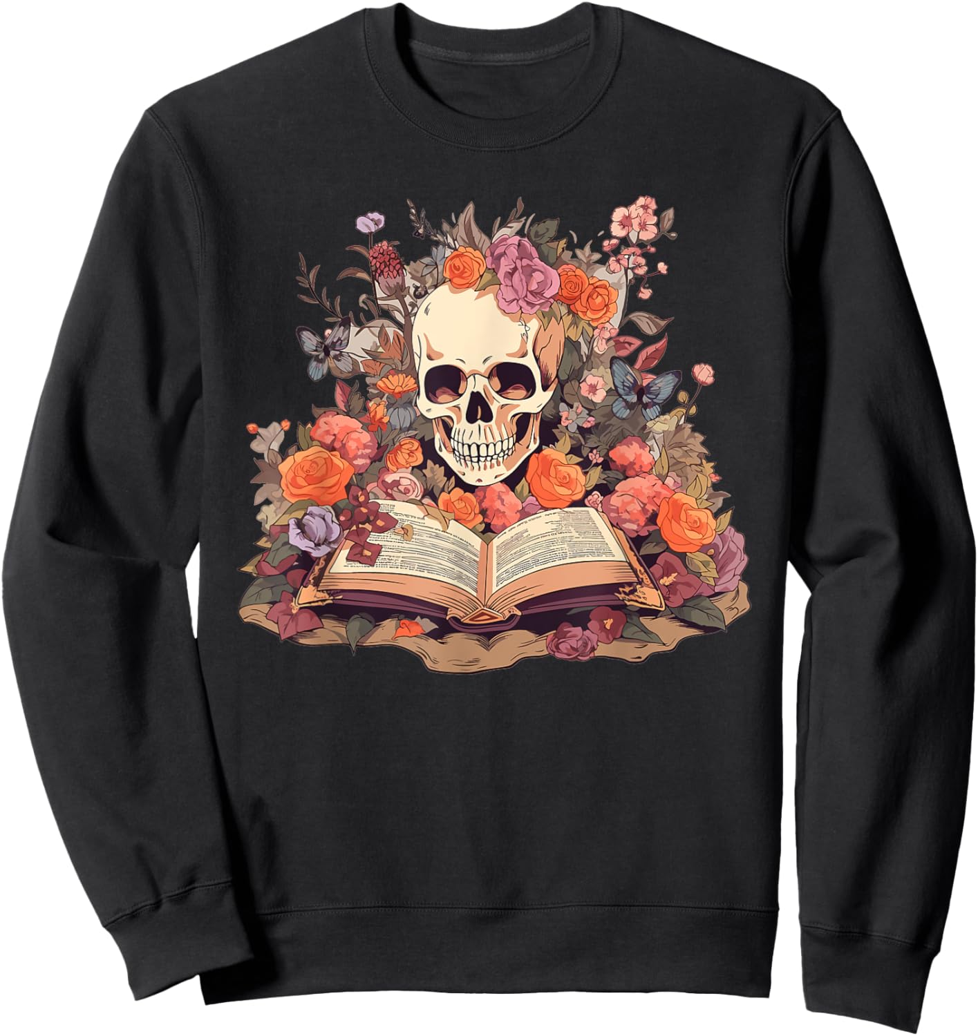 Book Reading Skull Skeleton Flowers Floral Bookish Butterfly Sweatshirt - Sweatshirt | Black