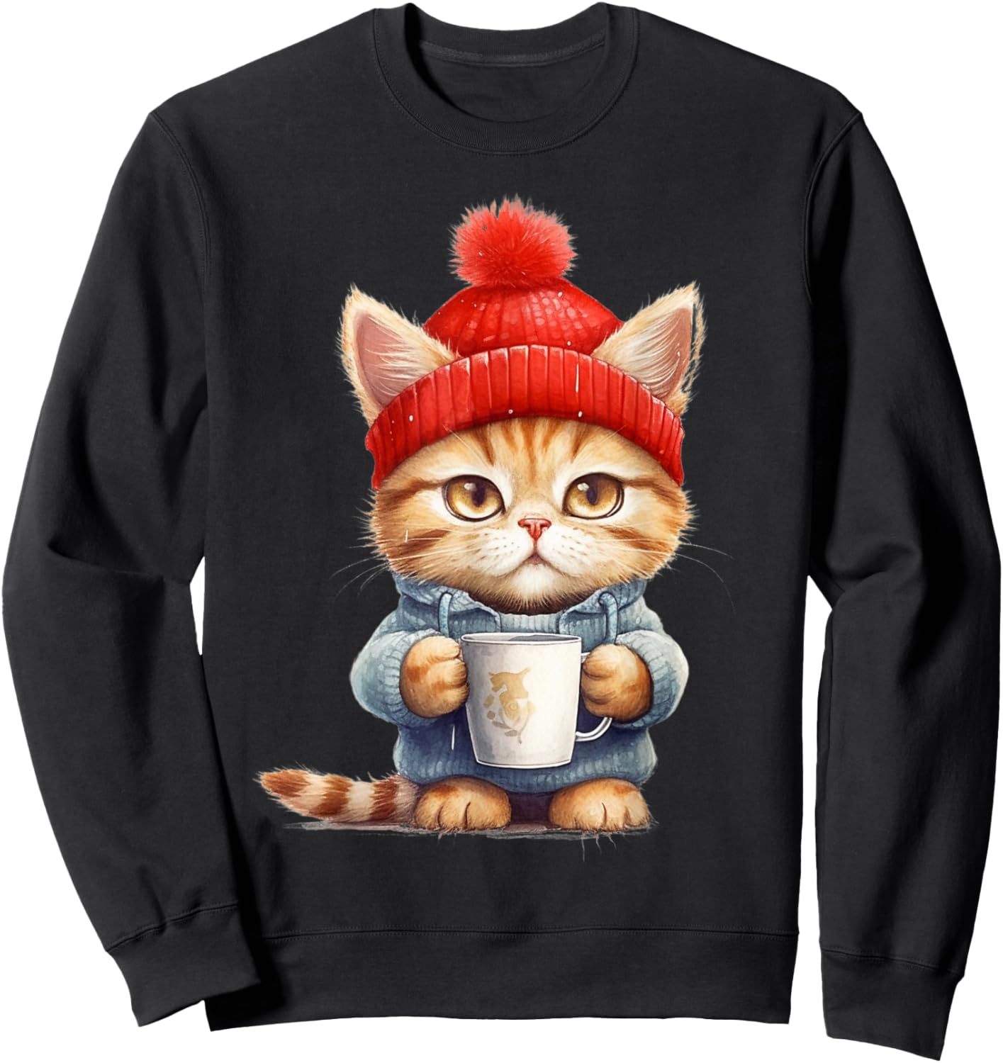 Cute kitten with his mug - La petit chat's coffee break Women Girls Kids Sweatshirt - Sweatshirt | Black
