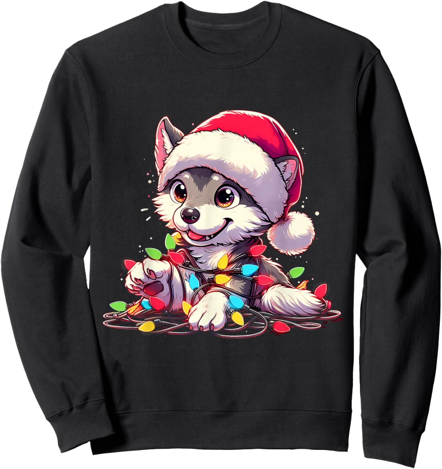 Merry Wolfmas Christmas Lights Cute Wolf Santa Hat Sweatshirt - Sweatshirt | Black