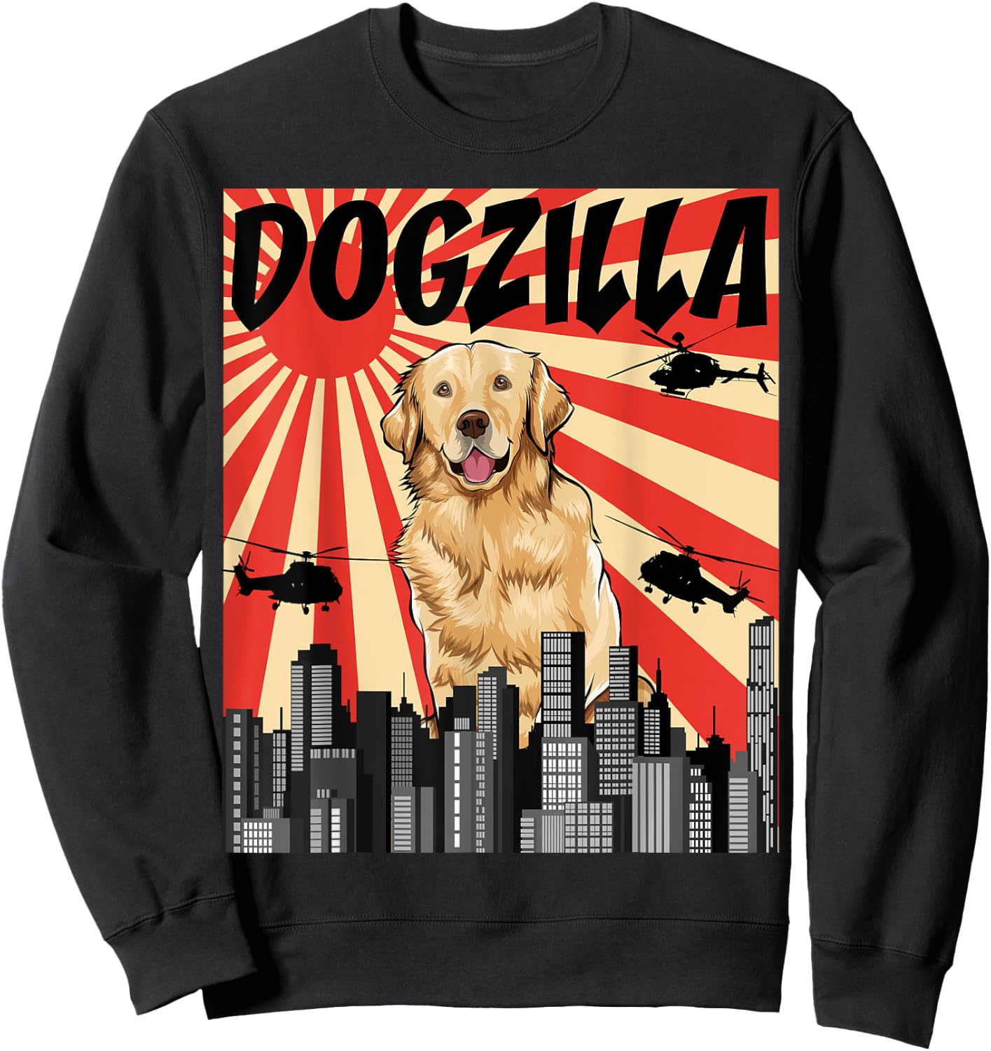 Funny Retro Japanese Dogzilla Golden Retriever Sweatshirt - Sweatshirt | Black