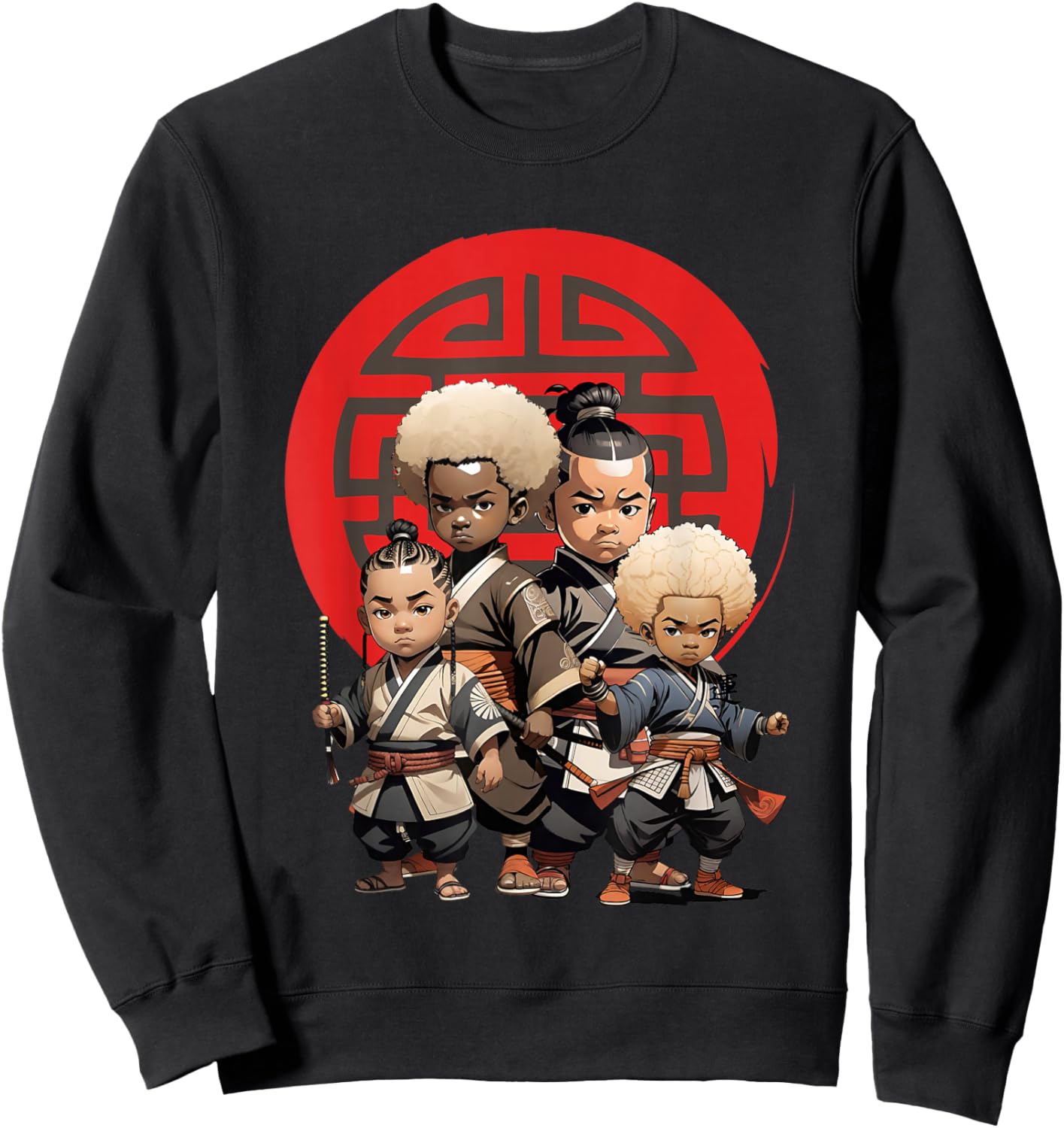 Samurai Boy Anime Afro | Japanese Retro Style Sweatshirt - Sweatshirt | Black