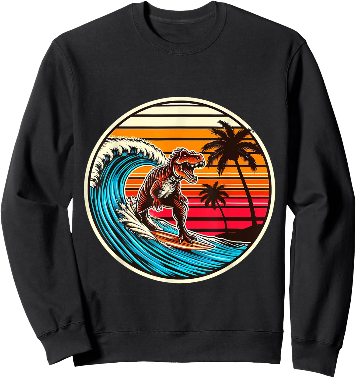 Surfing Trex Hawaiian Dinosaur Surfboard Retro Surf Lovers Sweatshirt - Sweatshirt | Black