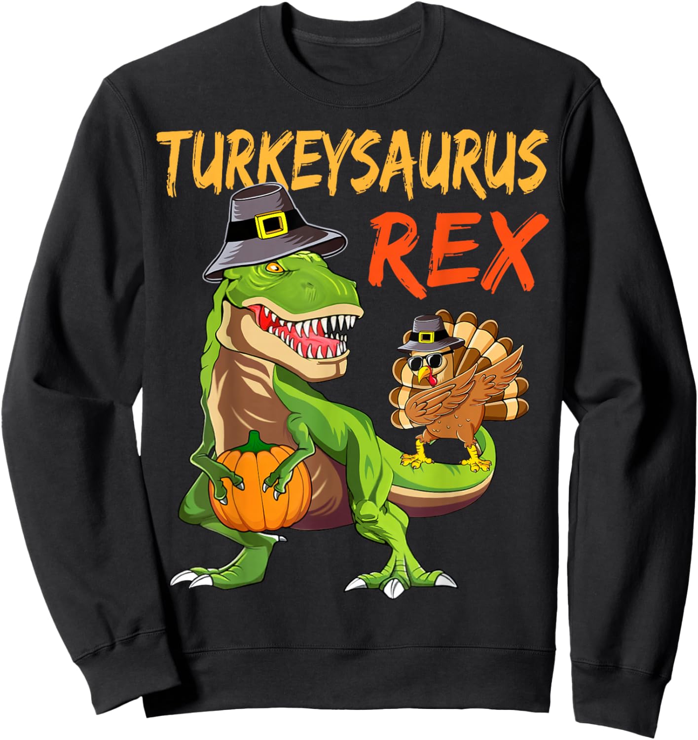 Kids Turkey Saurus Rex Dab Turkey Dinosaur Boys Thanksgiving Sweatshirt - Sweatshirt | Black