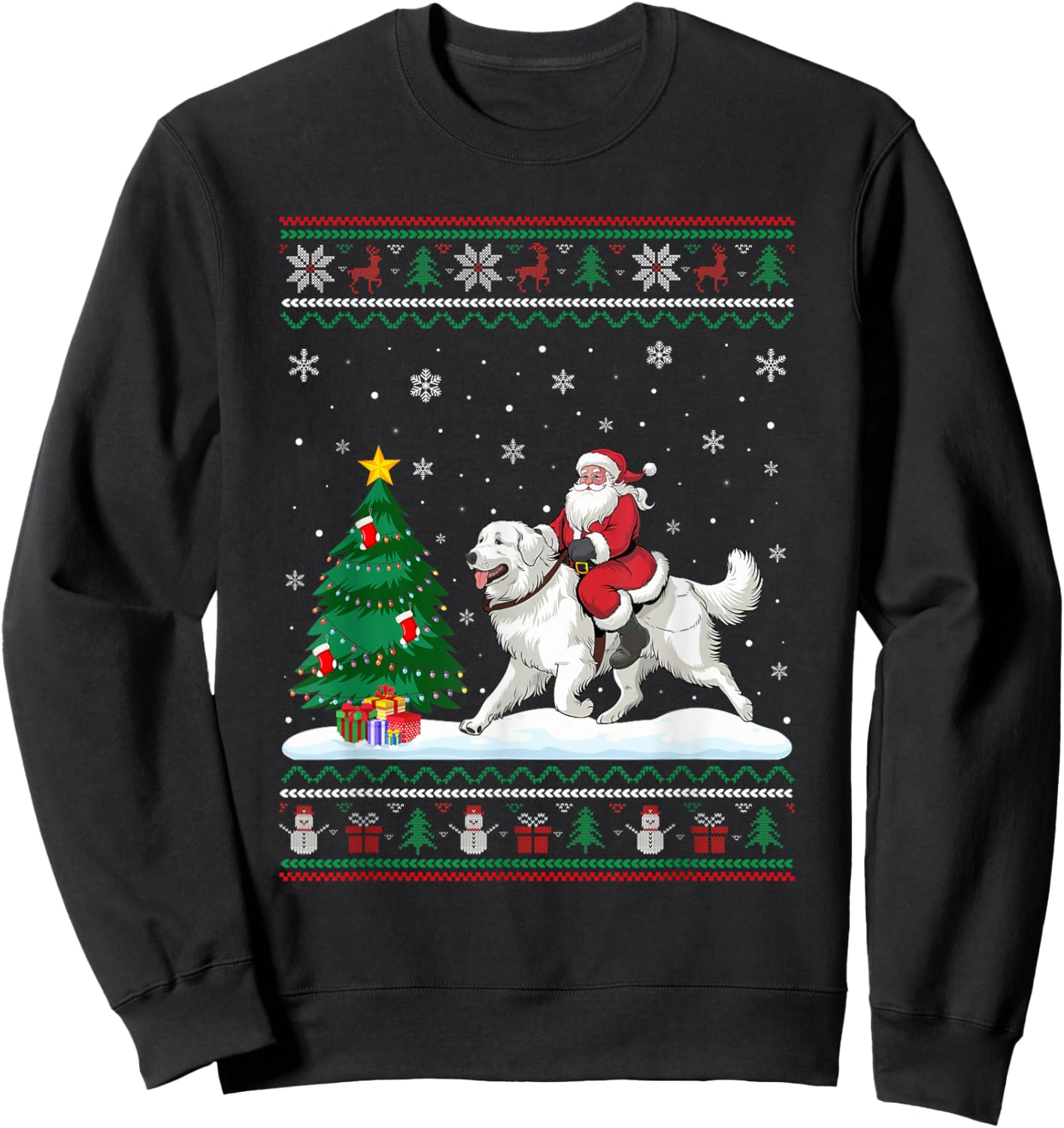 Ugly Christmas Tree Lights Santa Riding Great Pyrenees Dog Sweatshirt - Sweatshirt | Black