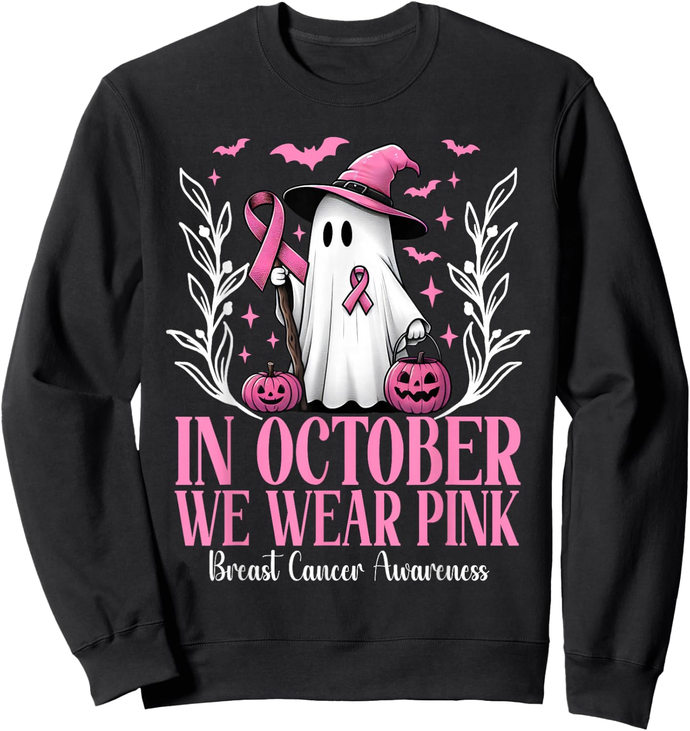 In October We Wear Pink Breast Cancer Witch Ghost Halloween Sweatshirt - Sweatshirt | Black