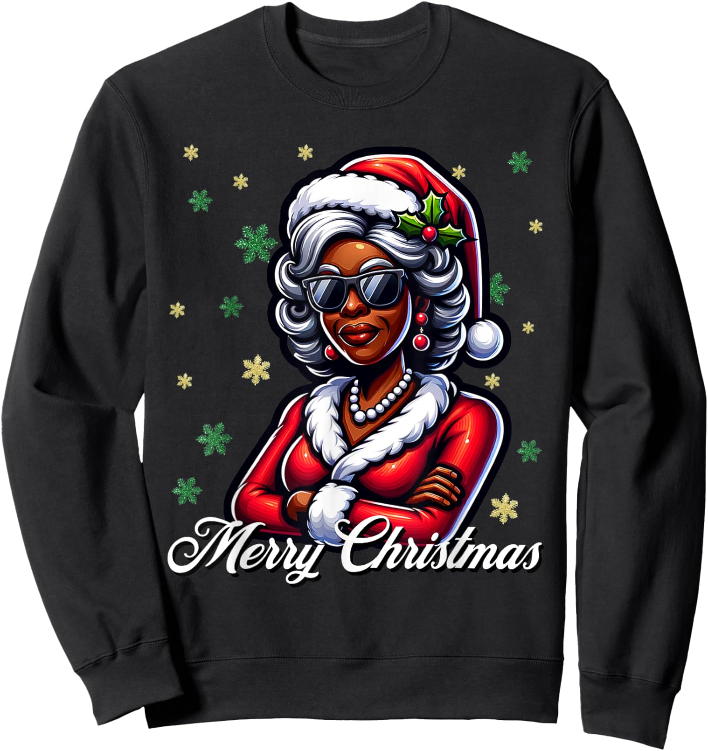 Mrs Santa African American Merry Christmas Melanin Queen Sweatshirt - Sweatshirt | Black