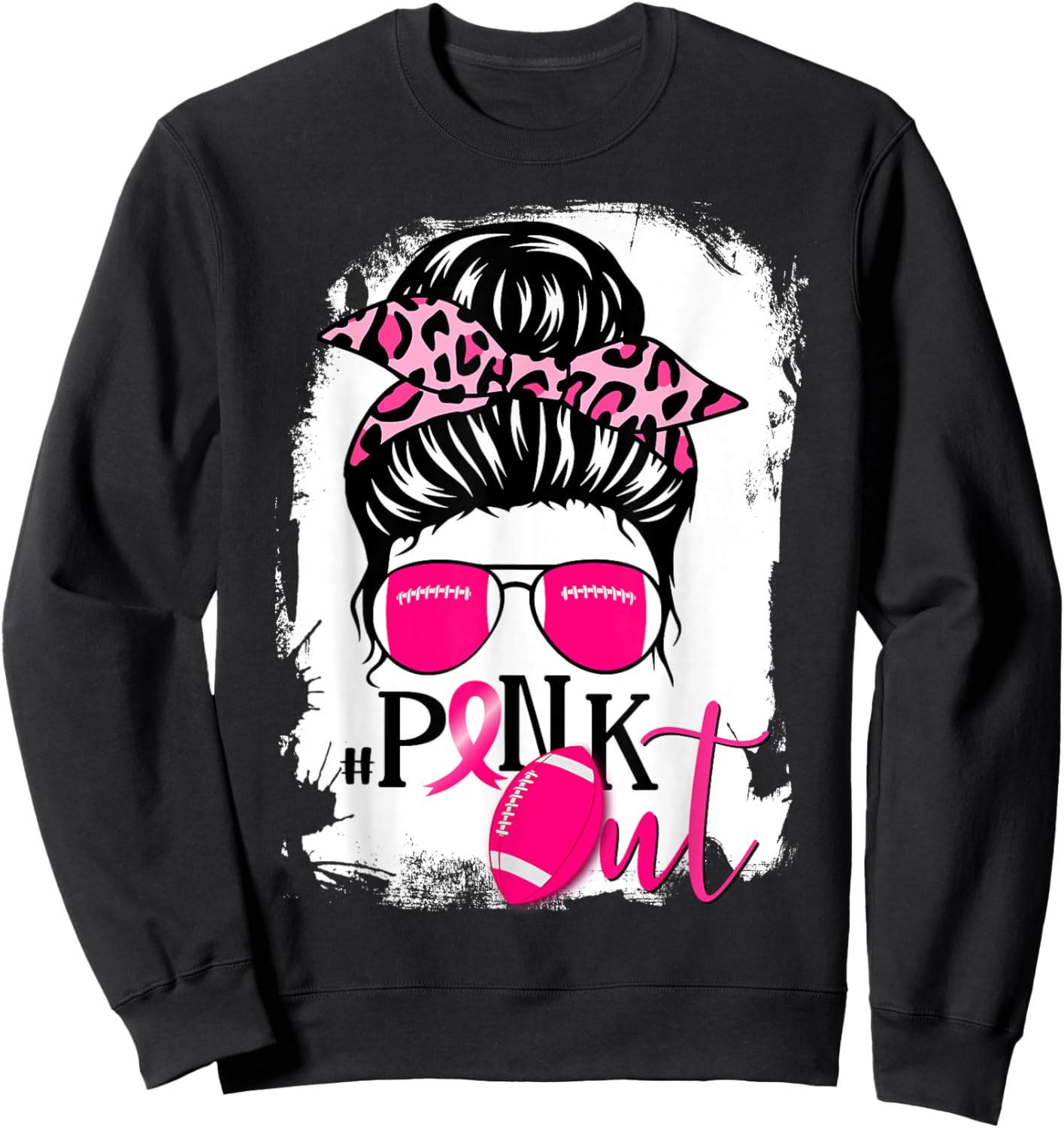 Bleached Pink Out Football Mom Messy Bun Pink Breast Cancer Sweatshirt - Sweatshirt | Black