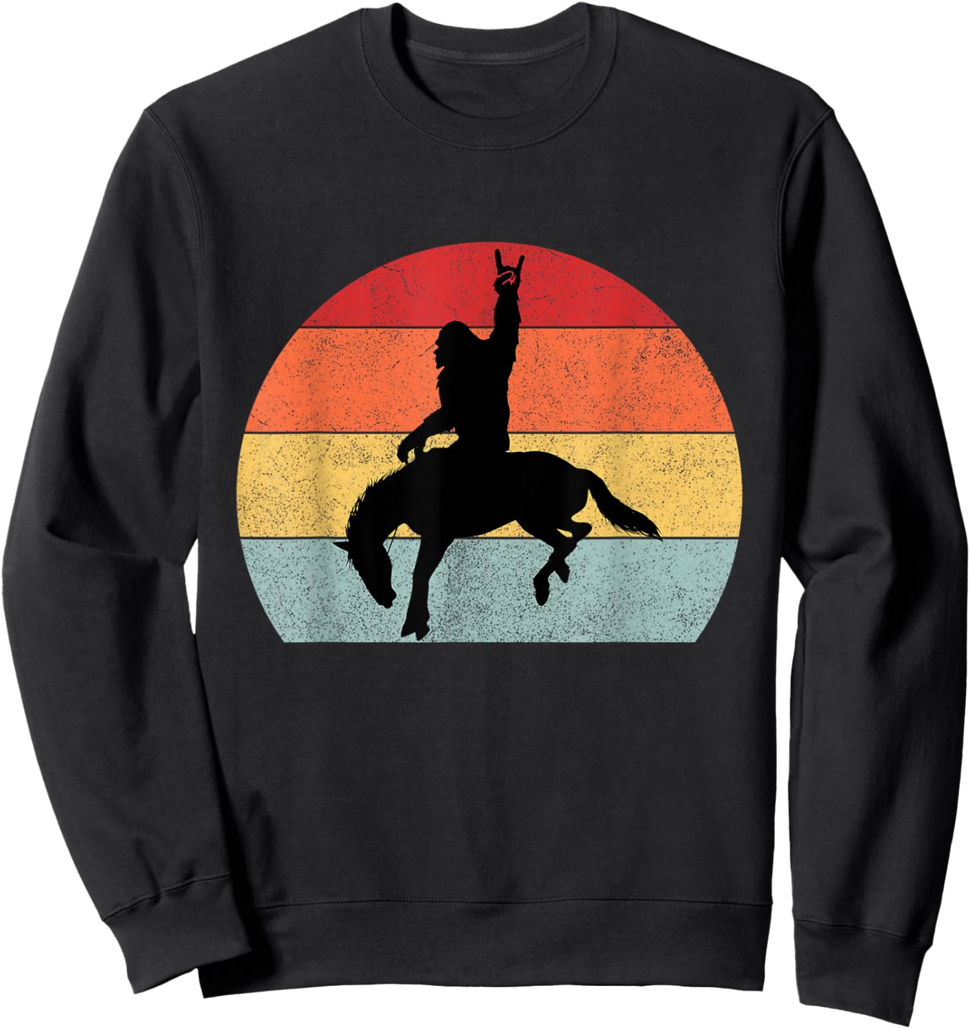 Bigfoot Riding a Horse Rodeo Retro Sunset Funny Sweatshirt - Sweatshirt | Black