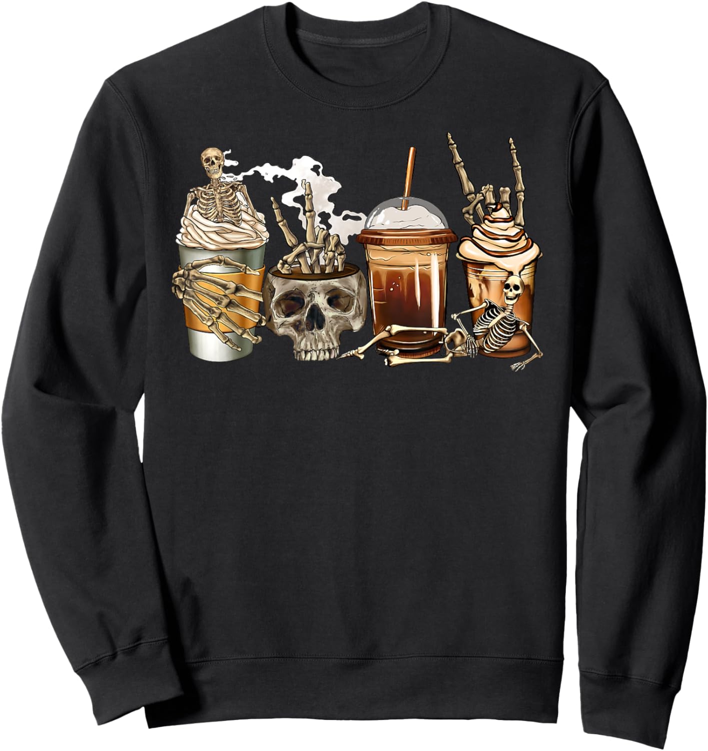 Skeleton Coffee Latte Skull Caffeinated Halloween Sweatshirt - Sweatshirt | Black