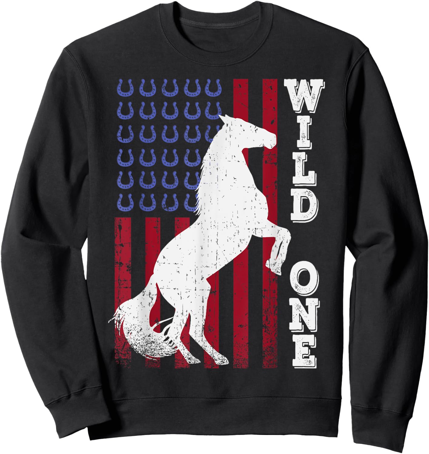 Vintage Grunge American USA Flag Wild One Mustang Horse Sweatshirt - Sweatshirt | Black