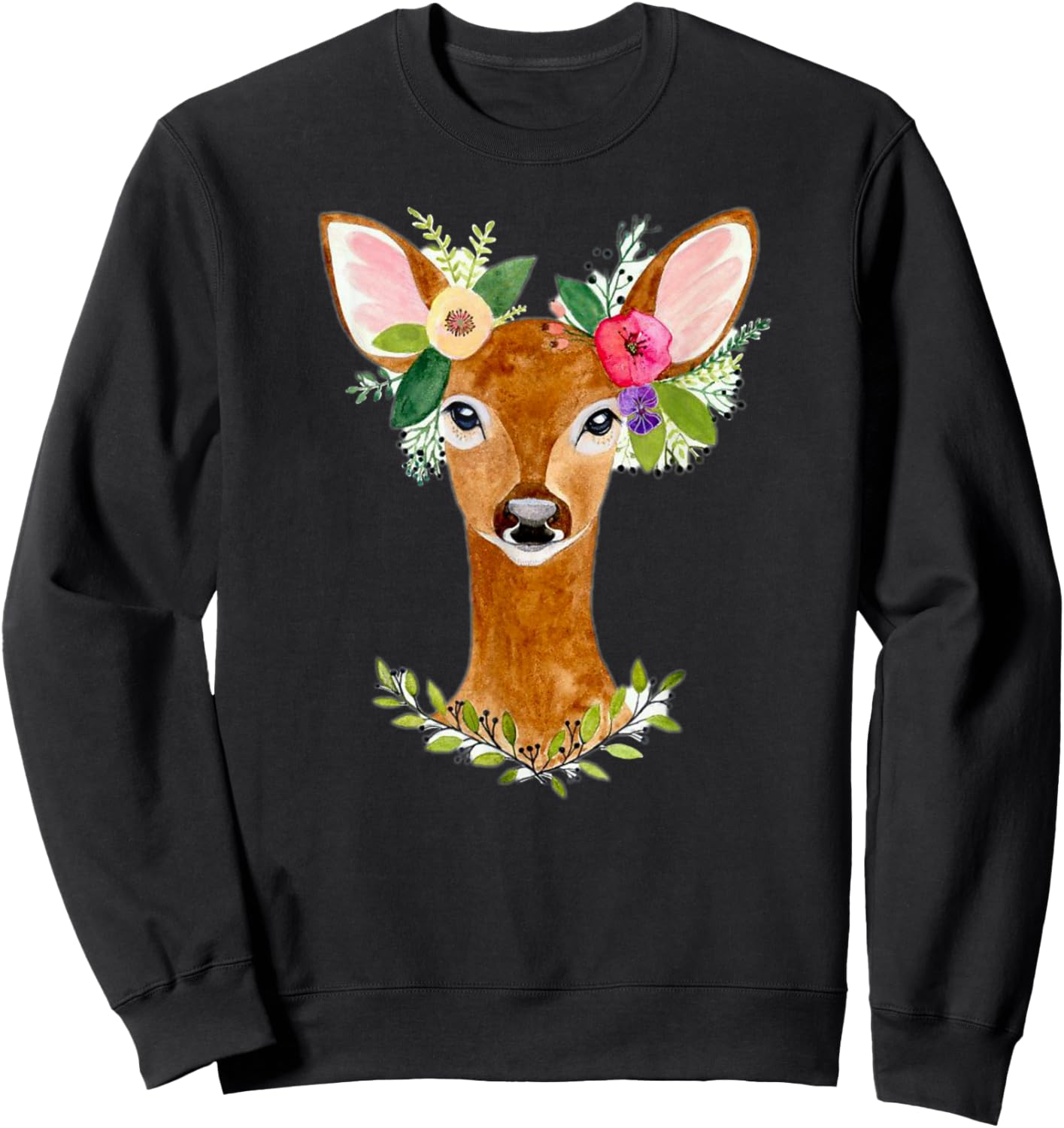 Charming Deer Bohemian Nature Art Floral Deer Artwork Sweatshirt - Sweatshirt | Black