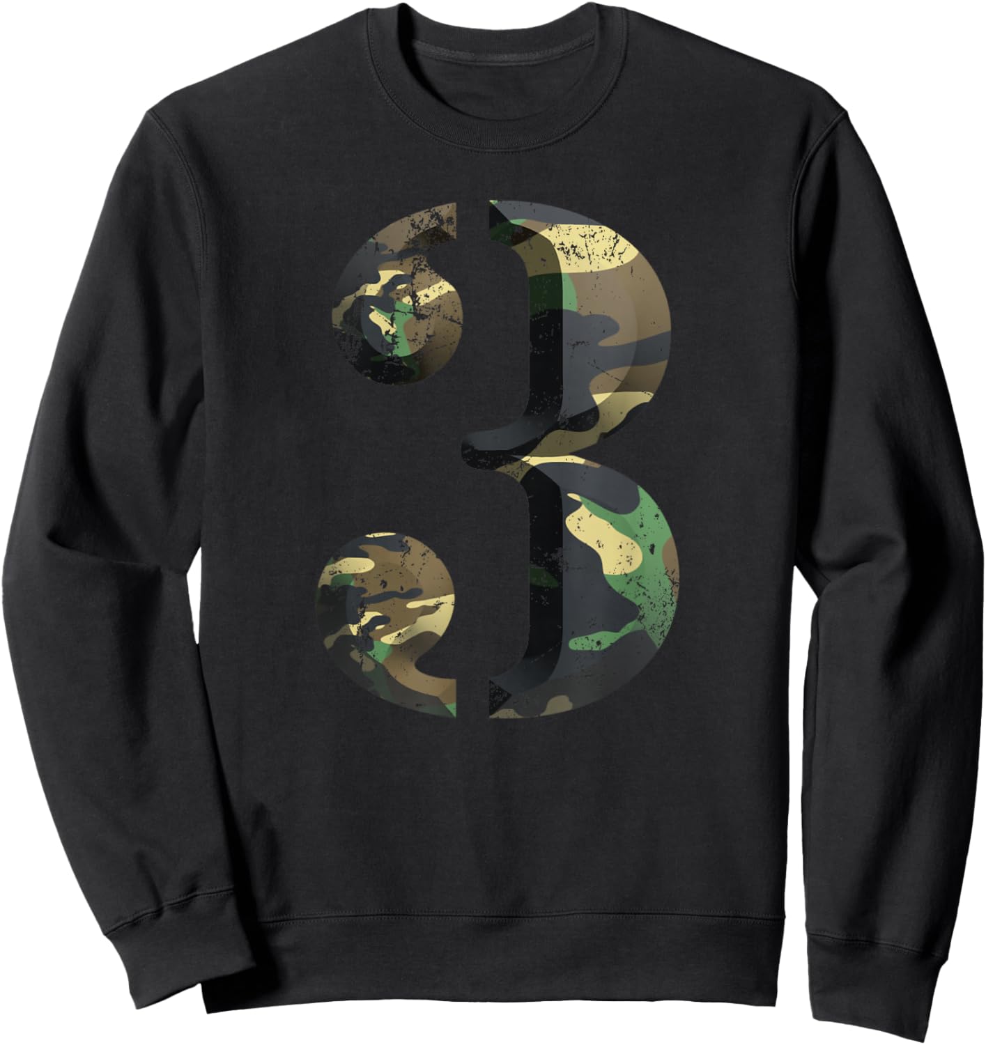 Number 3 Stencil Font Army Camo Woodland Camouflage Sweatshirt - Sweatshirt | Black
