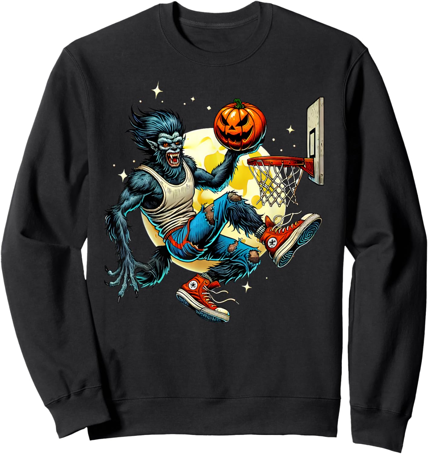 Halloween Werewolf Basketball Player Slam Dunk Graphic Sweatshirt - Sweatshirt | Black
