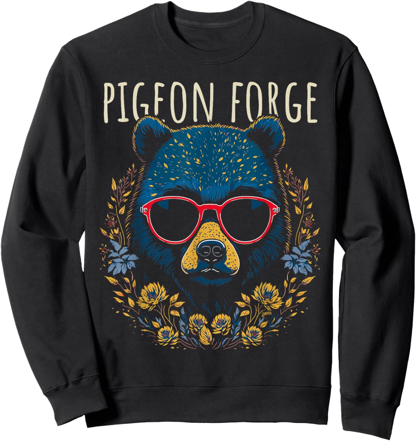 Pigeon Forge TN Fun Bear Wearing Glasses with Flowers Design Sweatshirt - Sweatshirt | Black