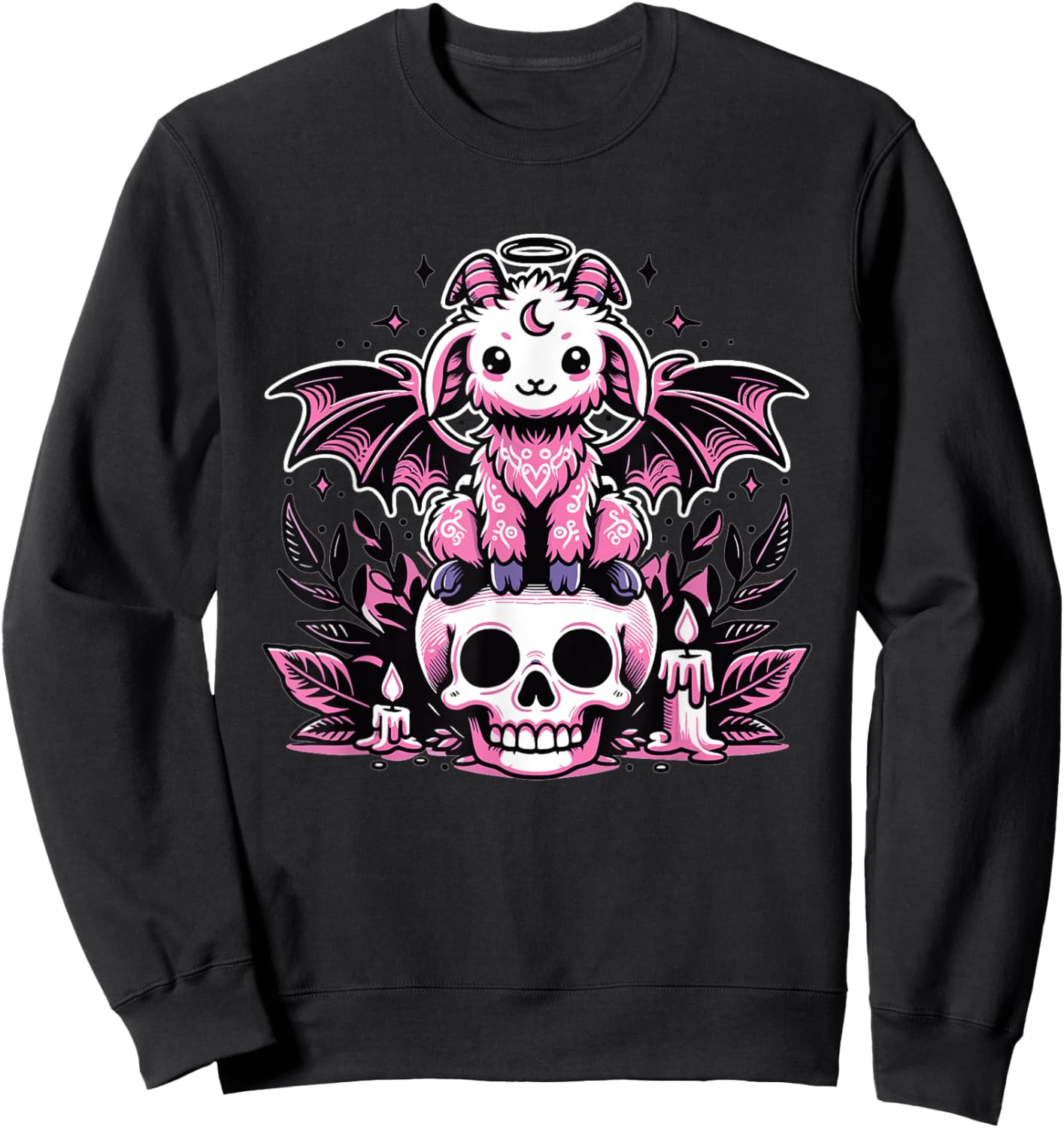 Kawaii Pastel Goth Cute Creepy Goat Bat Skeleton Sweatshirt - Sweatshirt | Black
