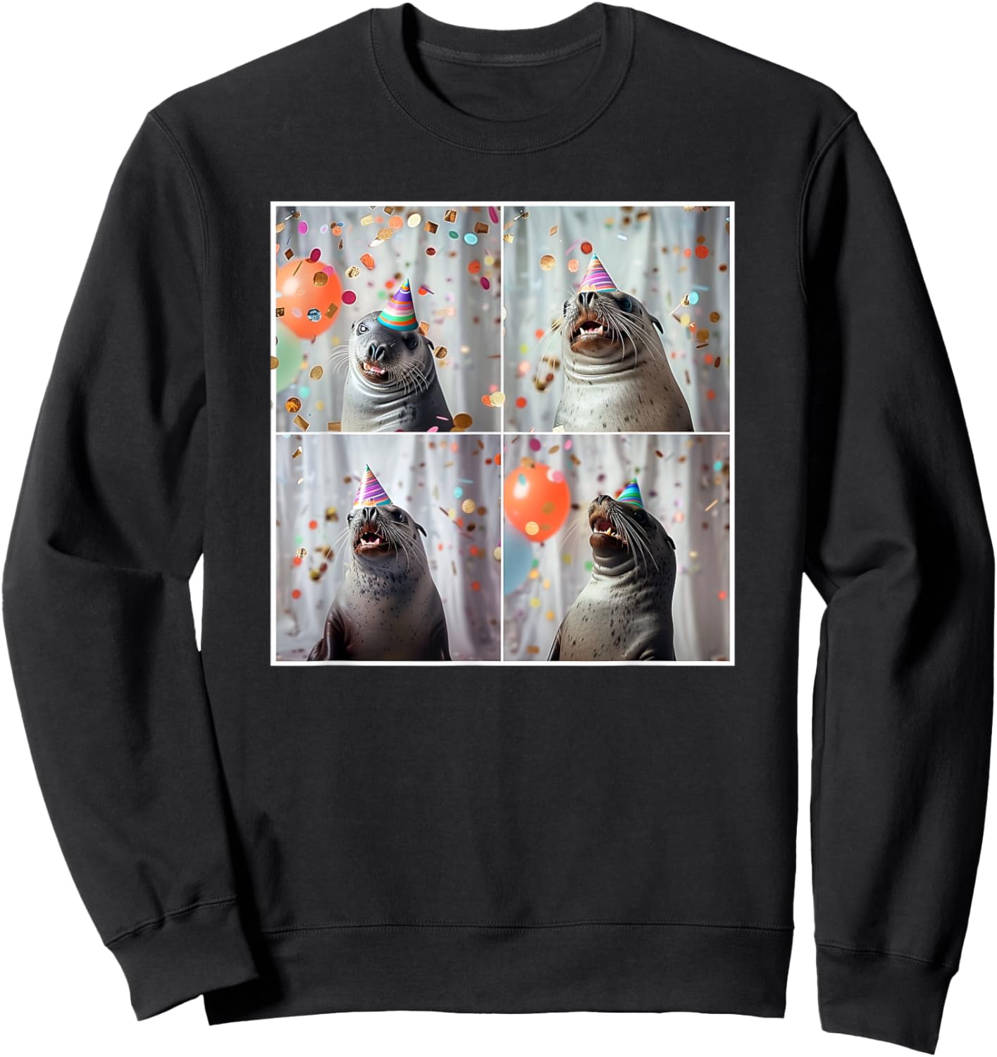 Seal In Party Hat Ocean Seal Lover Funny Seal Birthday Sweatshirt - Sweatshirt | Black