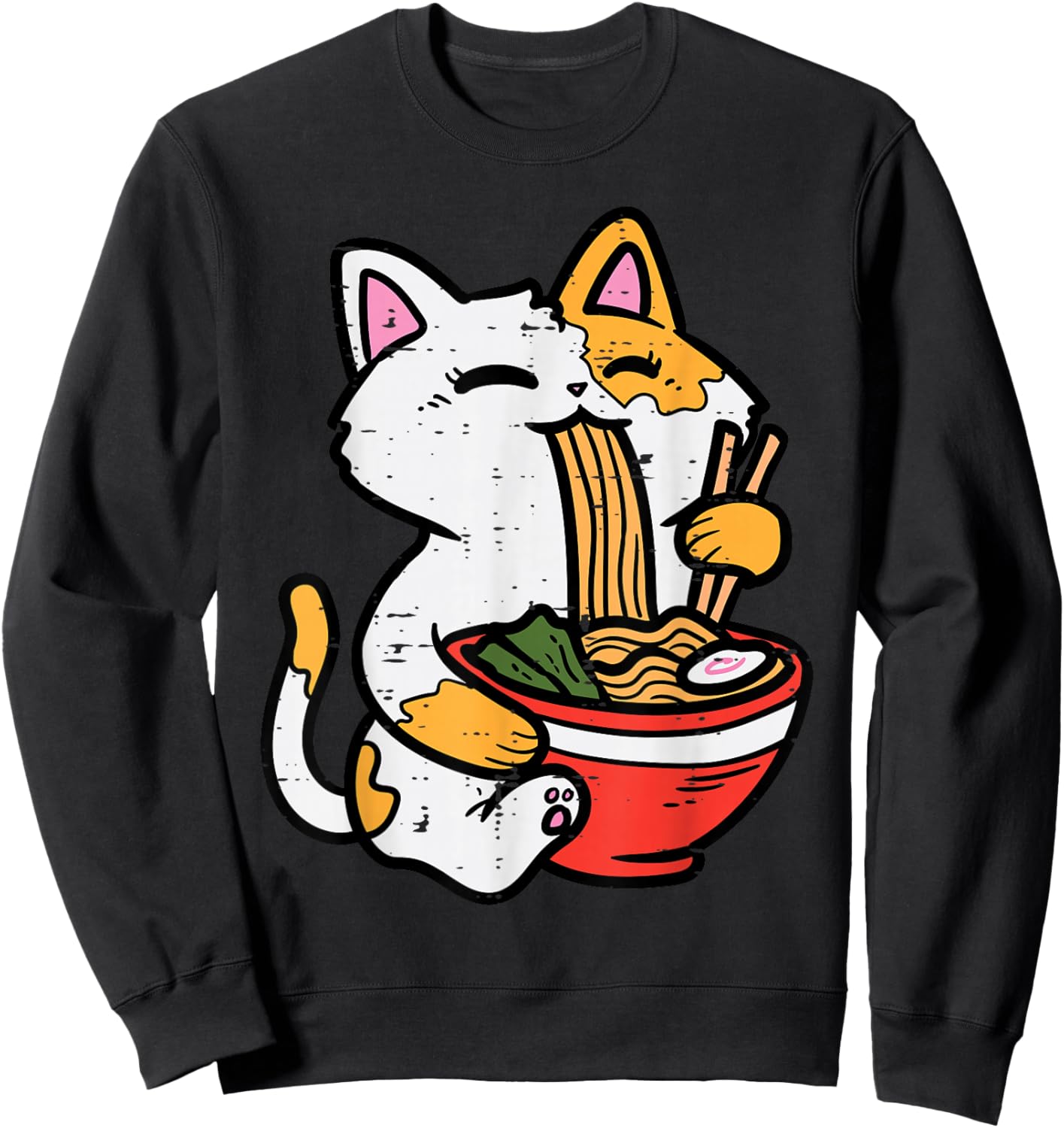 Cat Eating Ramen Cute Japanese Food Women Girls Kids Sweatshirt - Sweatshirt | Black