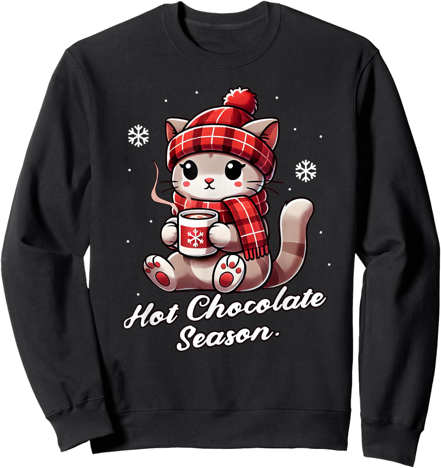 Funny Cat Hot Choco Season Merry Christmas Mom Dad Kids Sweatshirt - Sweatshirt | Black