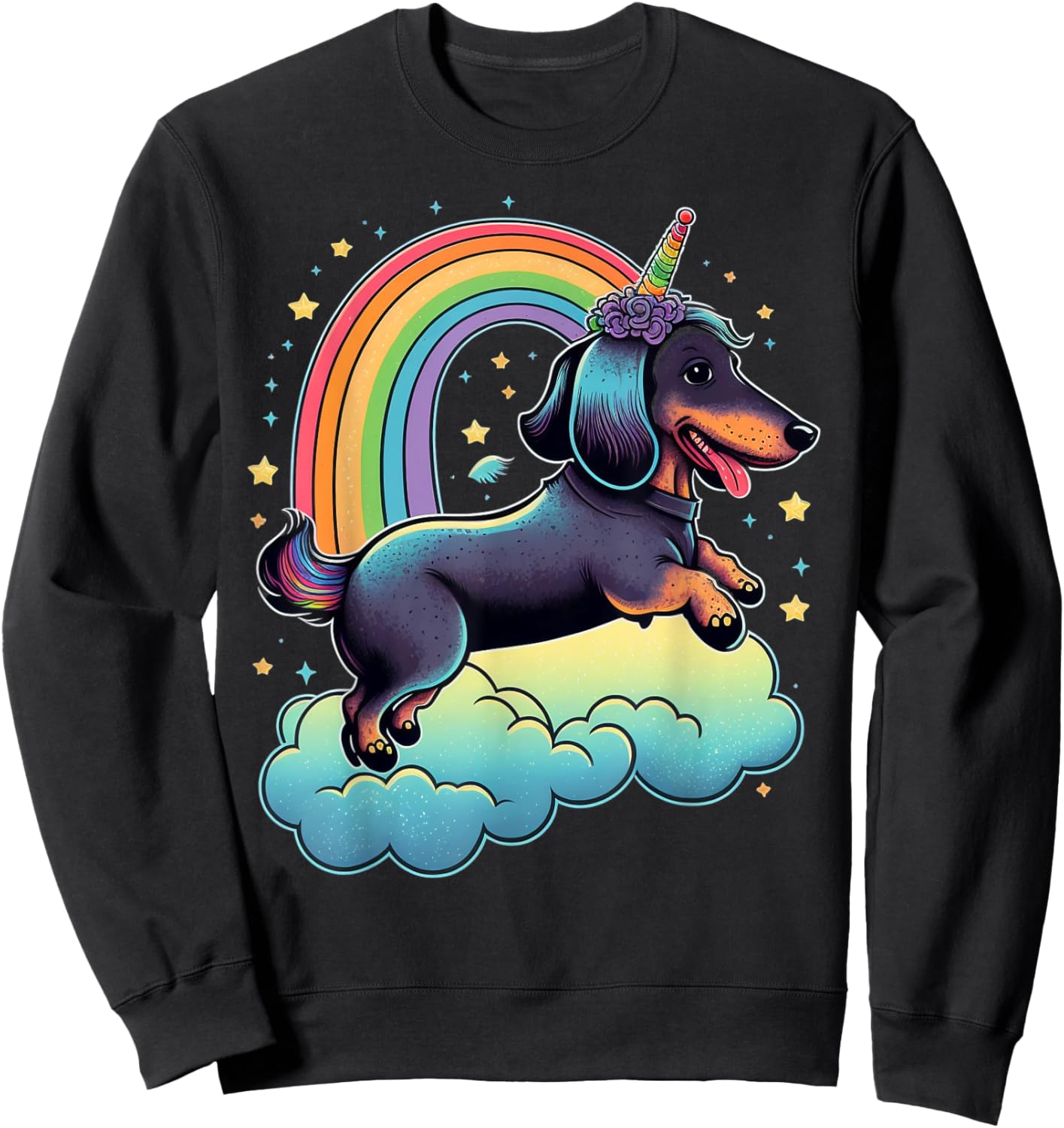 Dachshund Unicorn on Rainbow Unicorn Dachshund Sweatshirt - Sweatshirt | Black