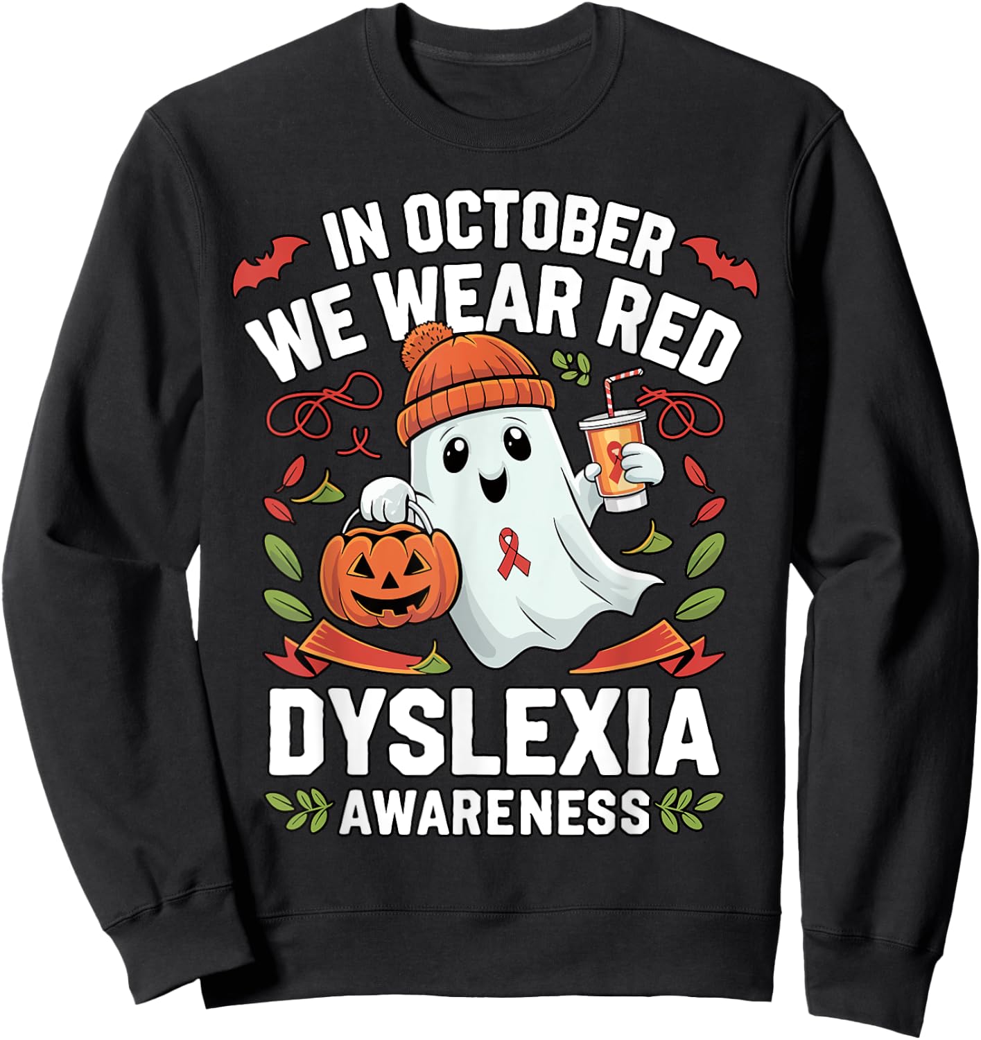 Awareness Ribbon October Wear Red Dyslexia Awareness Ghost Sweatshirt - Sweatshirt | Black