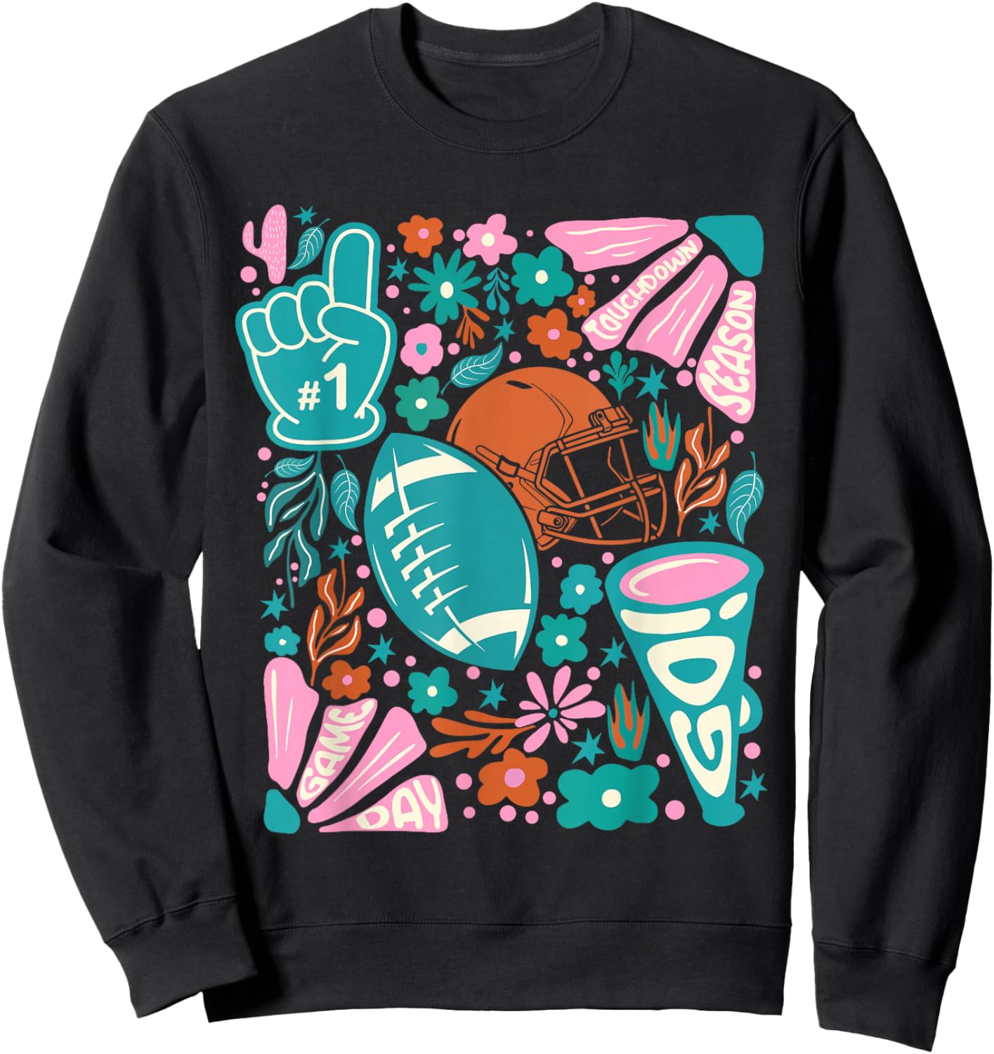 Retro Cute Touchdown Season Game Day Teal Football Mom Sweatshirt - Sweatshirt | Black