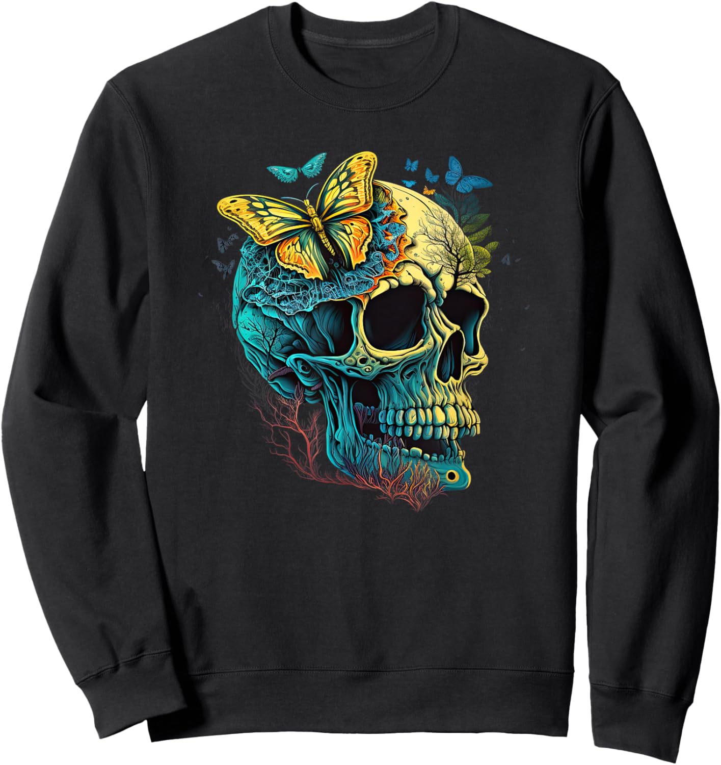 Skull with Vibrant Butterfly flower and mushroom Sweatshirt - Sweatshirt | Black