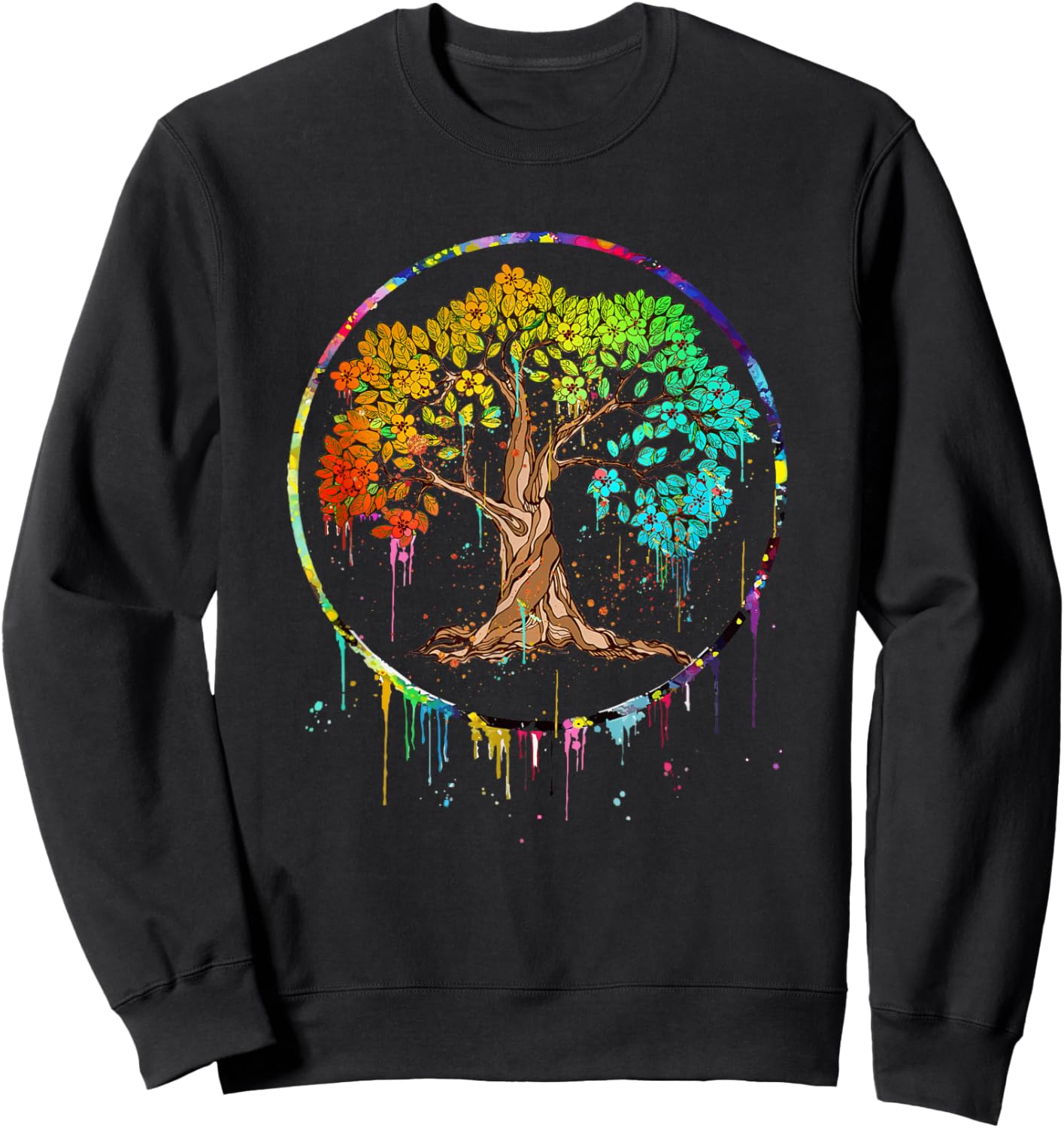 Colorful Tree Life is Really Good Tree Art Watercolor Circle Sweatshirt - Sweatshirt | Black