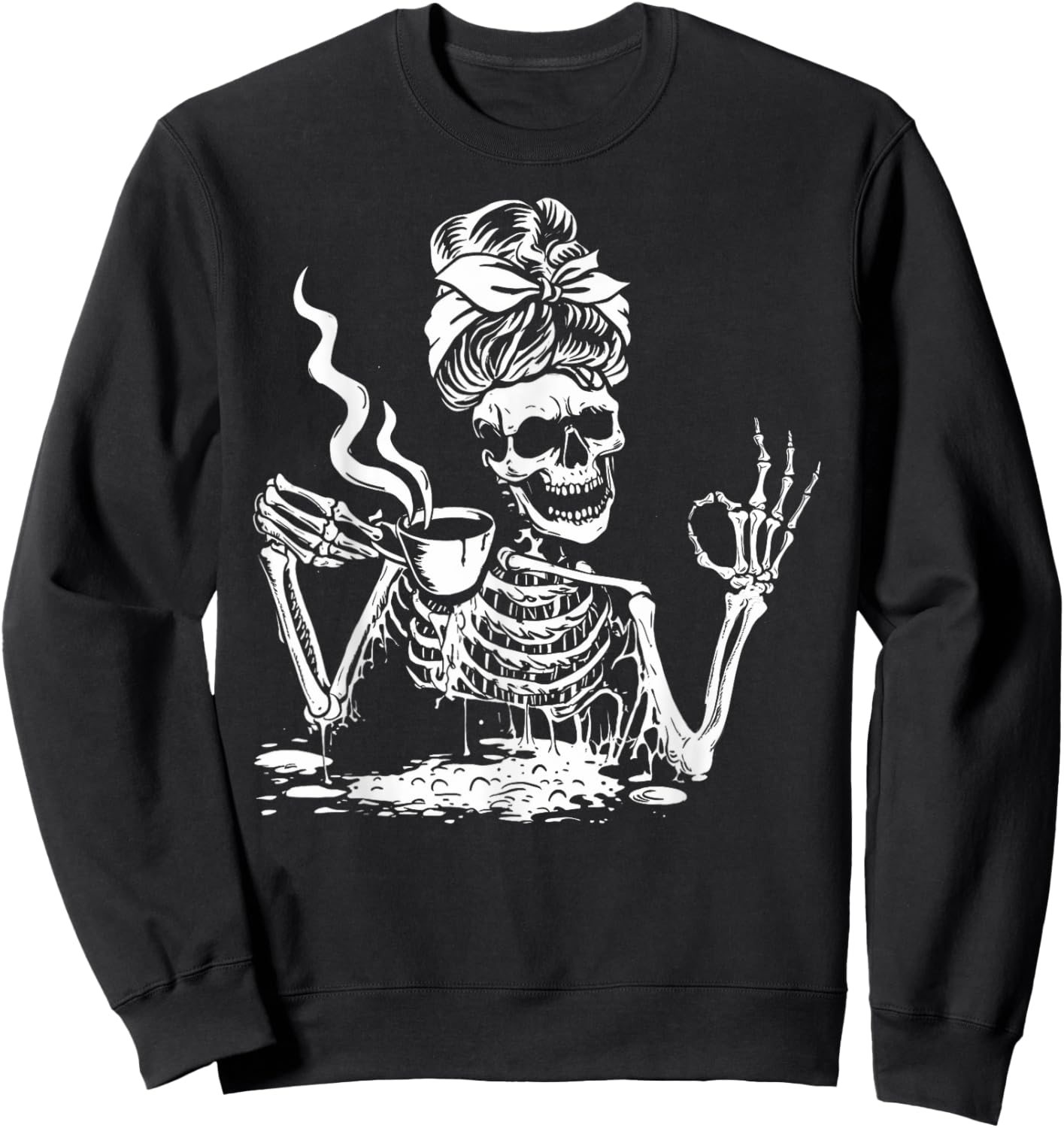 Skeleton Drinking Coffee Messy Bun Women Halloween Skeleton Sweatshirt - Sweatshirt | Black