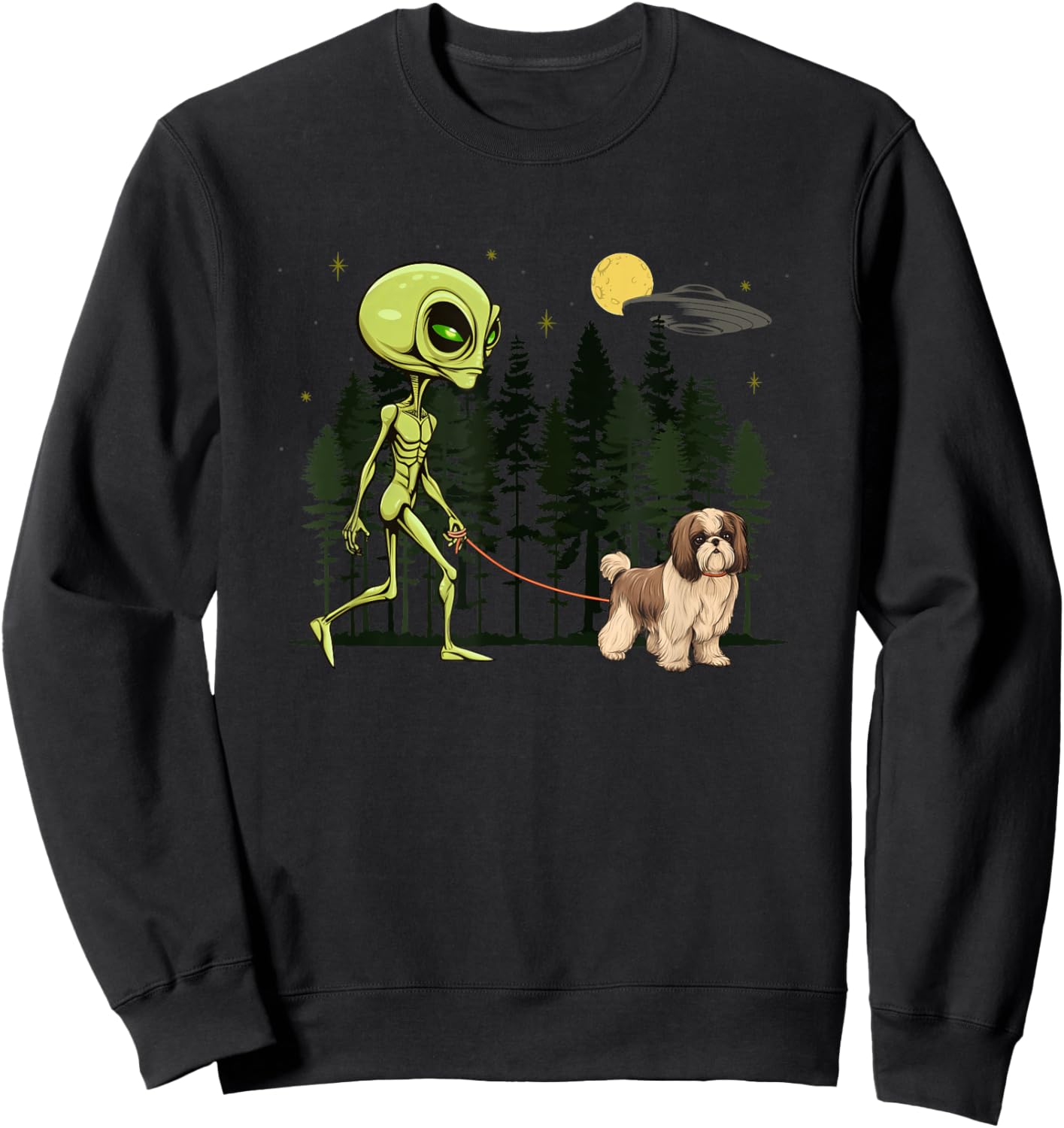 Funny Shih Tzu Alien Walking UFO Pet Dog Mom Dad Sweatshirt - Sweatshirt | Black