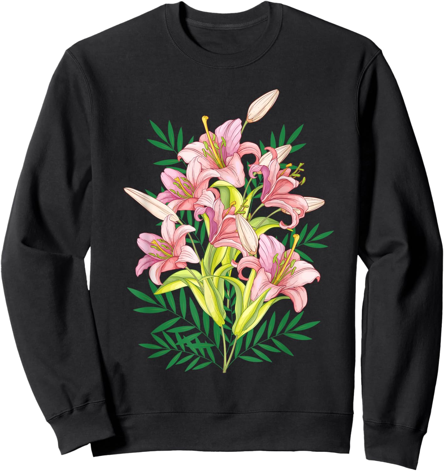 Variety of Lillies Graphic Flower Print Flowered Sweatshirt - Sweatshirt | Black
