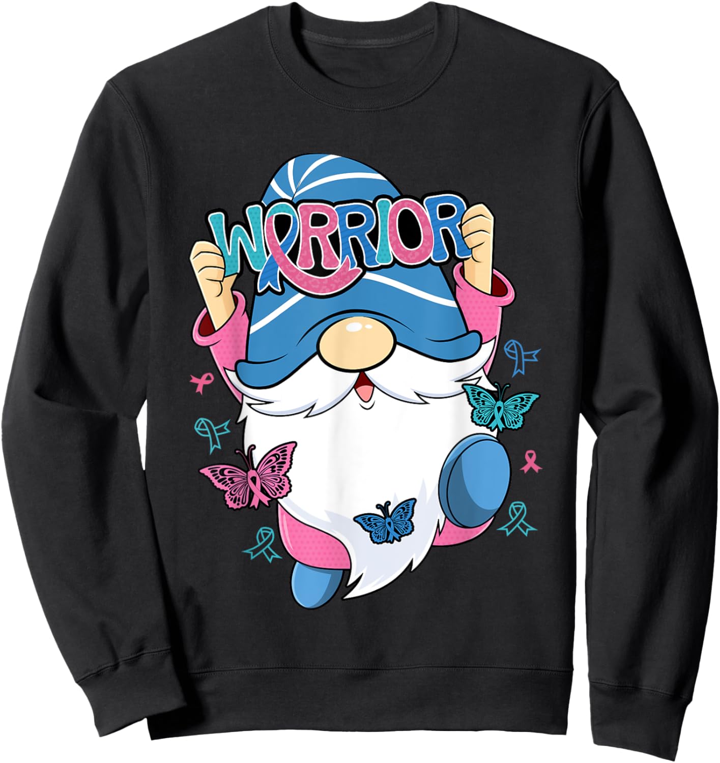 Thyroid Cancer Gnome Warrior Purple Teal Pink Ribbon Month Sweatshirt - Sweatshirt | Black
