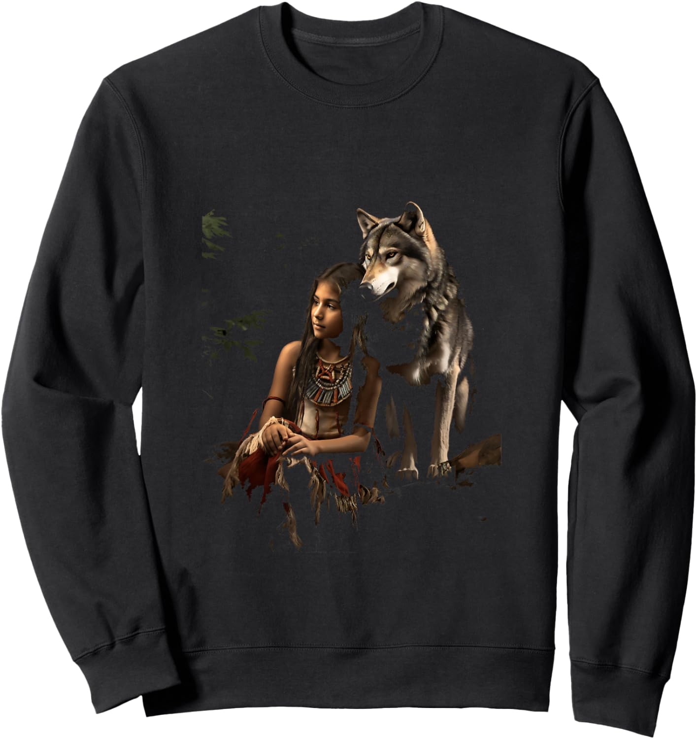 Wolf and Indian Woman Girl Indigenous Ethnic Indians Sweatshirt - Sweatshirt | Black