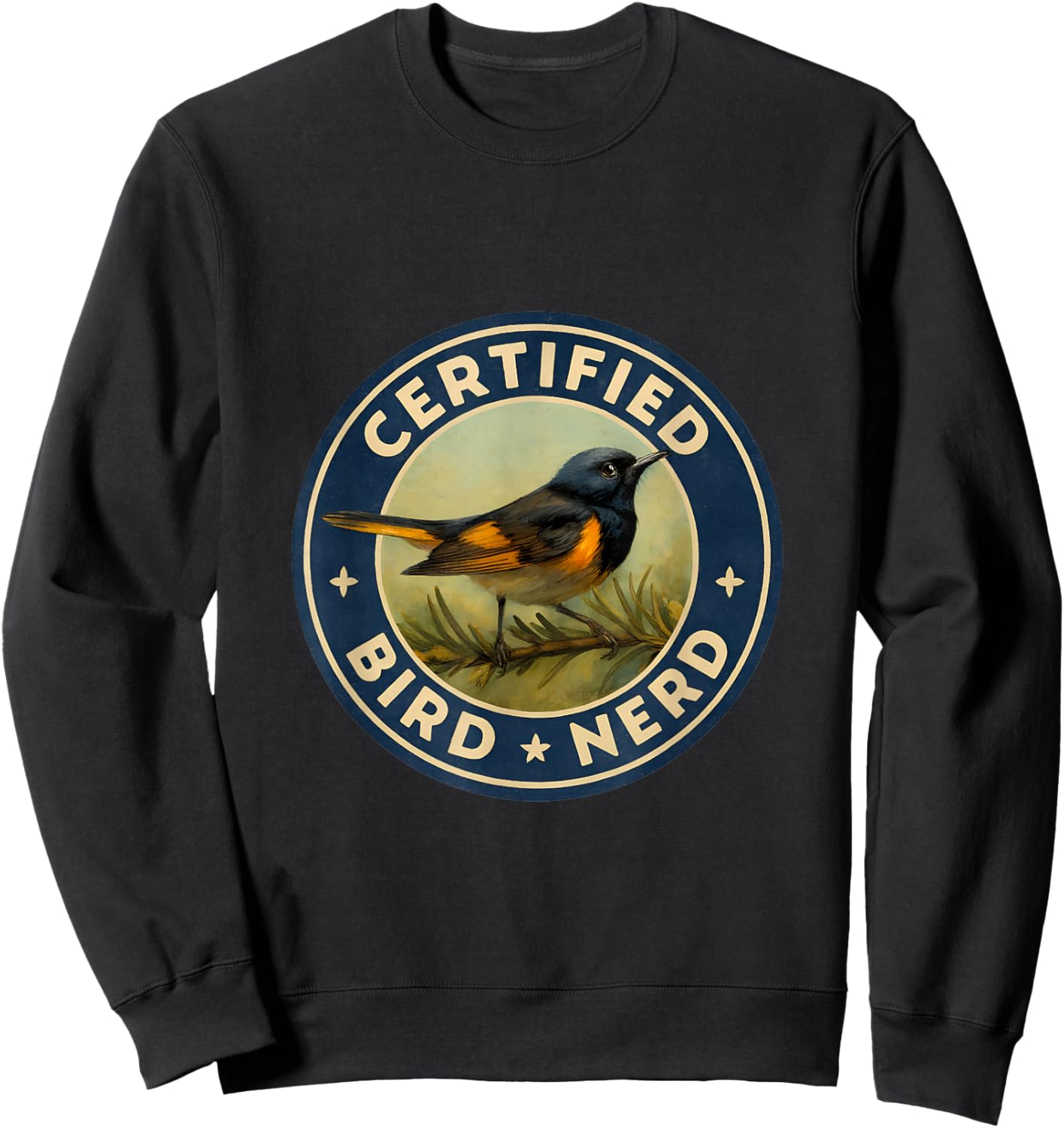 Certified Bird Nerd – American Redstart Vintage Badge Sweatshirt - Sweatshirt | Black
