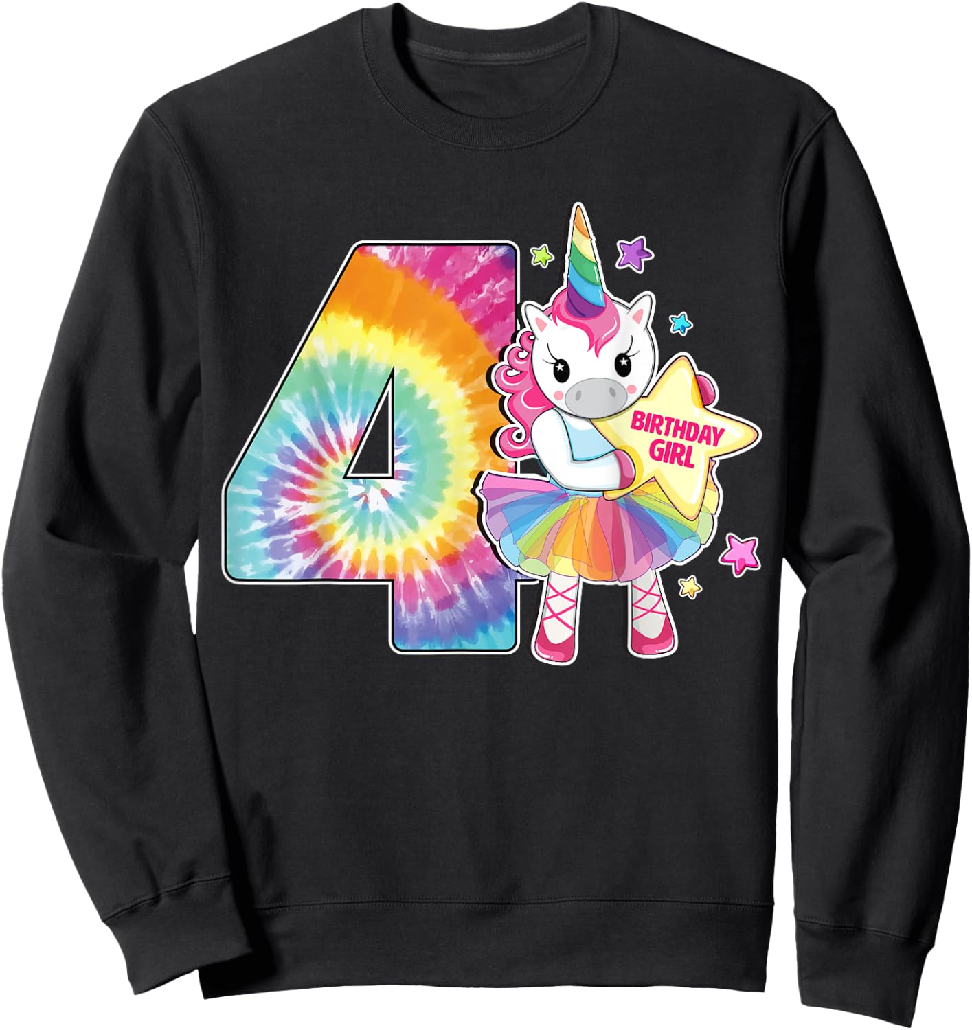 4th Birthday Unicorn Shirt Gift Girls Age 4 Tie Dye Sweatshirt - Sweatshirt | Black