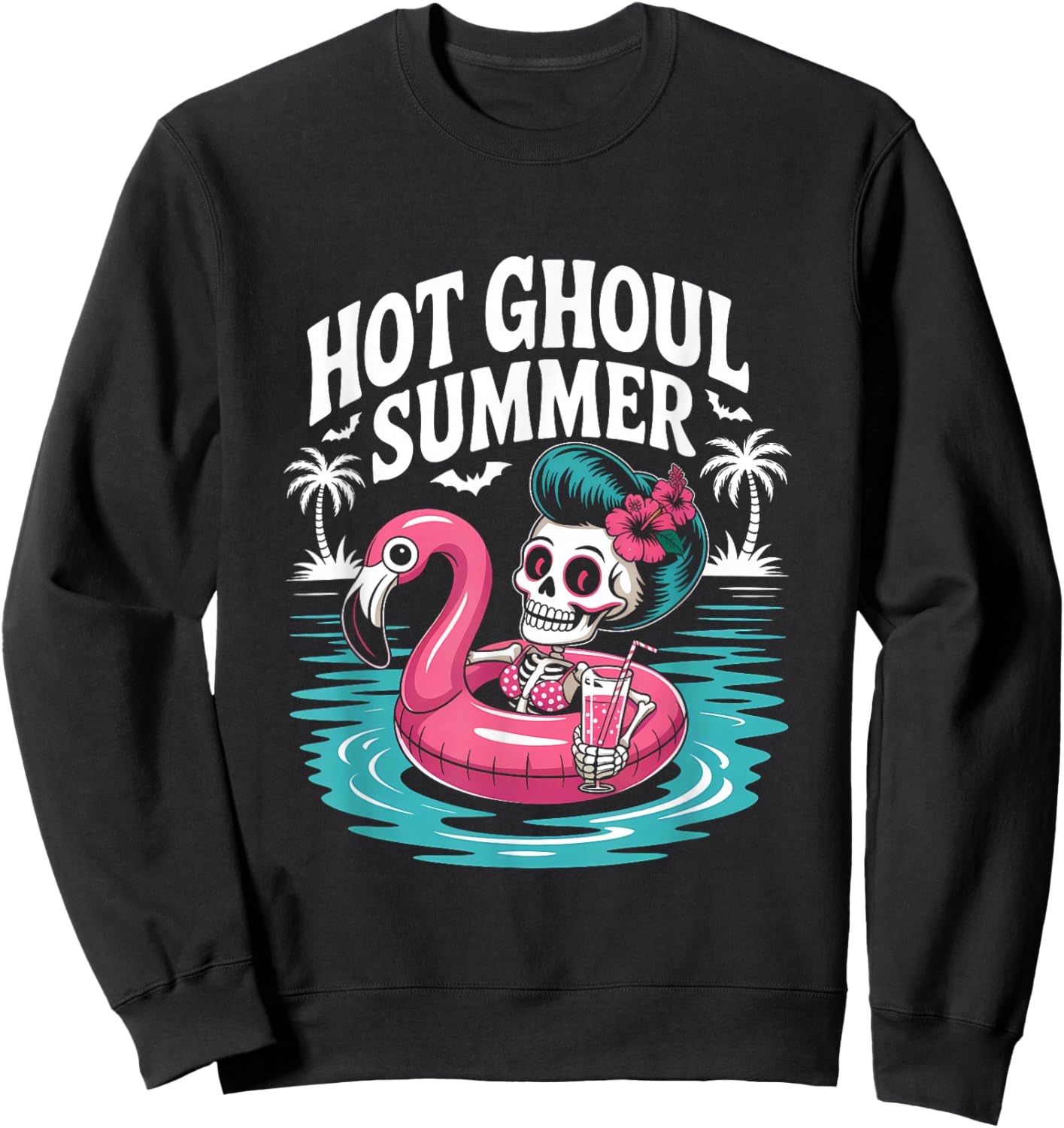 Hot Ghoul Summer Funny Cute Skeleton Flamingo Pool Party Sweatshirt - Sweatshirt | Black