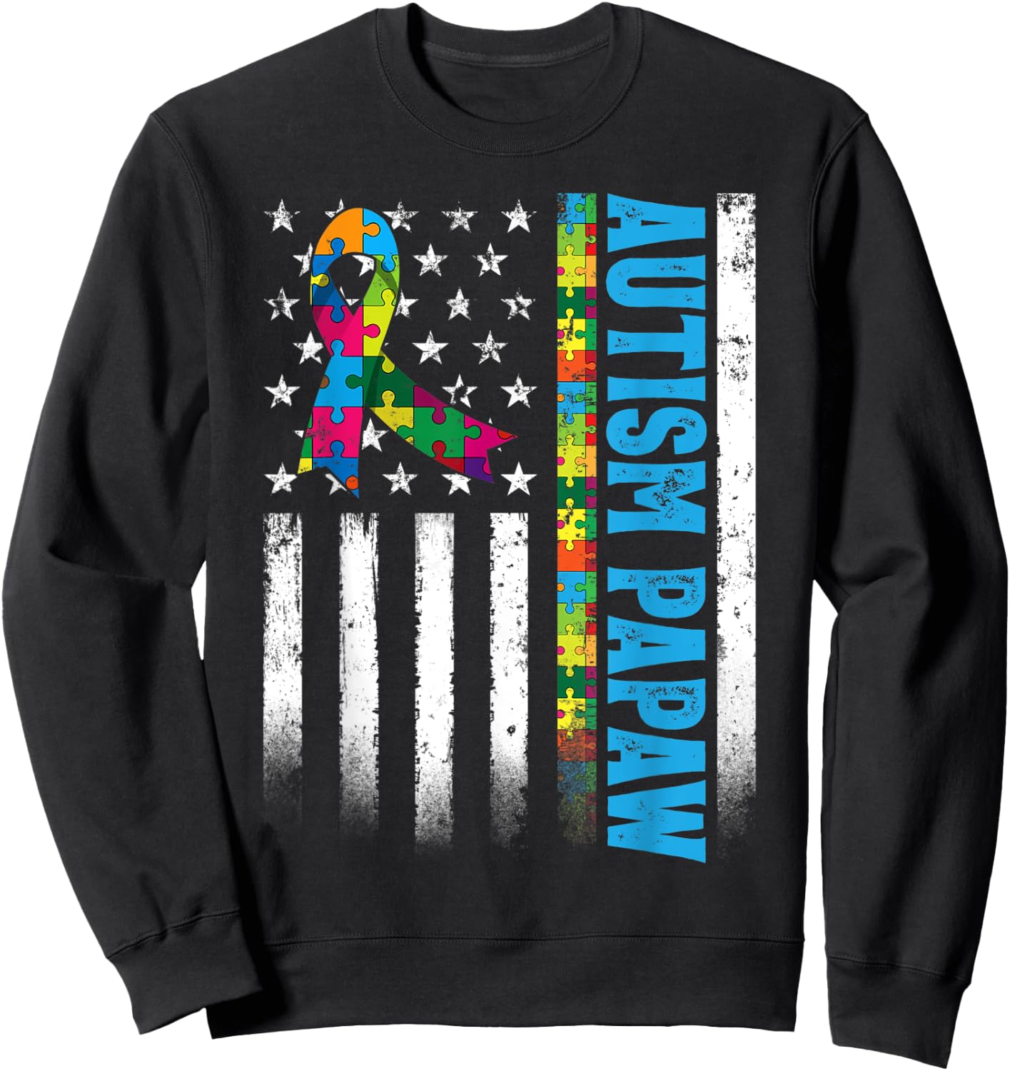 Retro American Flag Autism Papaw Awareness Autistic Sweatshirt - Sweatshirt | Black