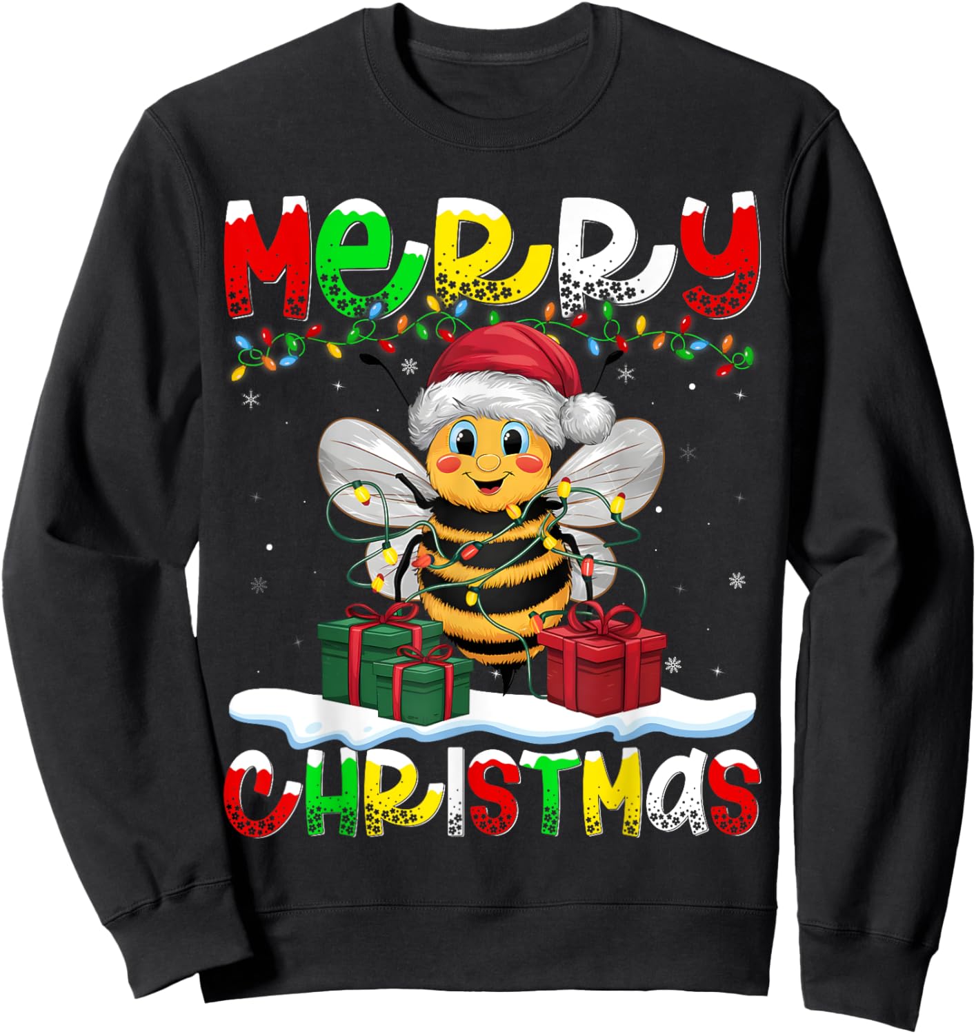 Xmas Lighting Santa Hat Bee Merry Christmas Sweatshirt - Sweatshirt | Black
