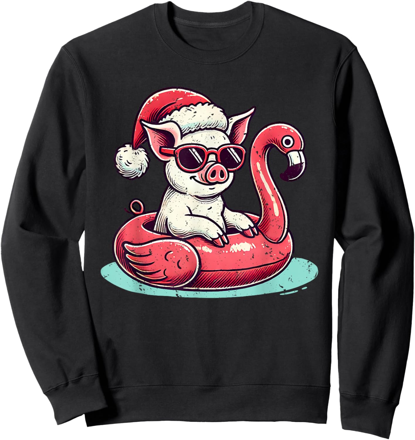 Funny Christmas in July Pig Mom Santa Flamingo Floatie Sweatshirt - Sweatshirt | Black