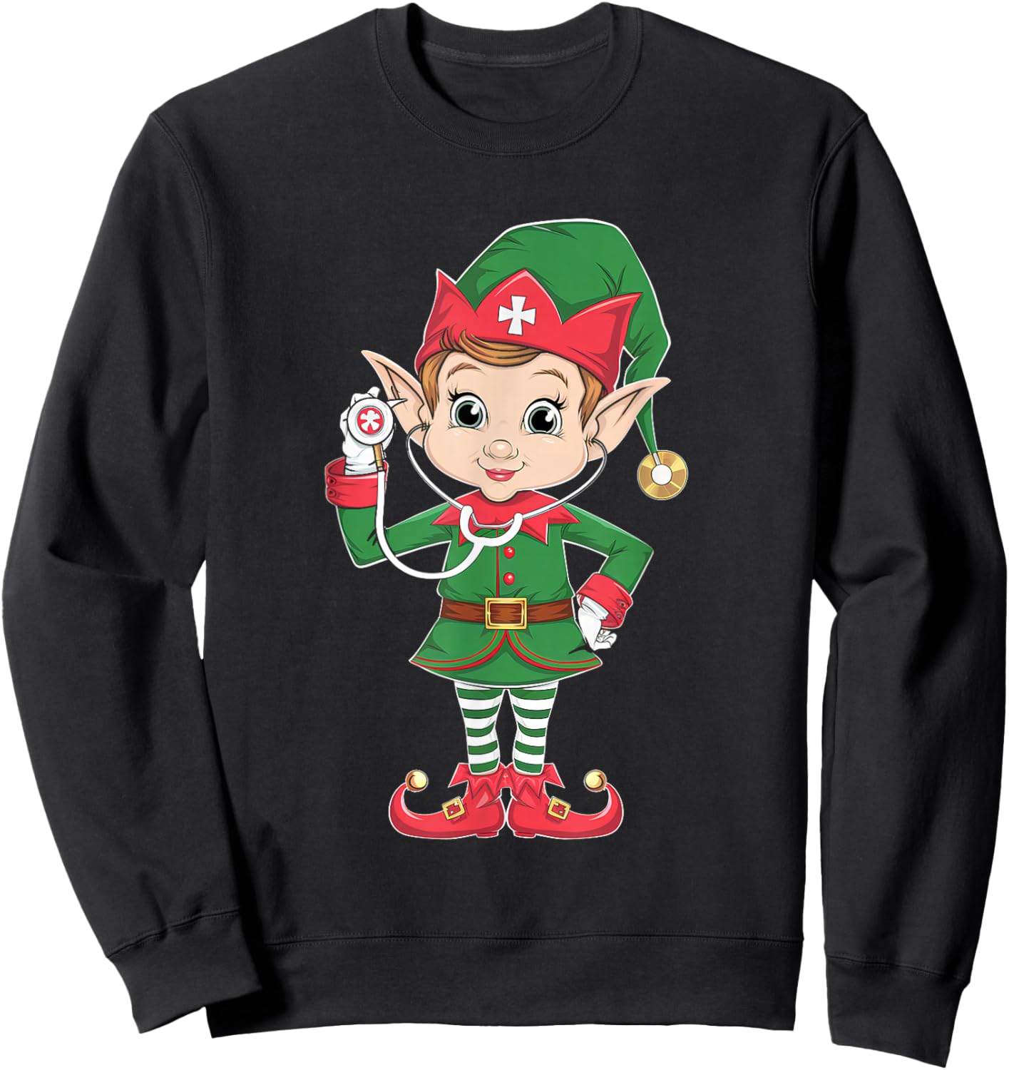 Cute Elf Nurse Scrub Tops Christmas Stethoscope Nursing Girl Sweatshirt - Sweatshirt | Black