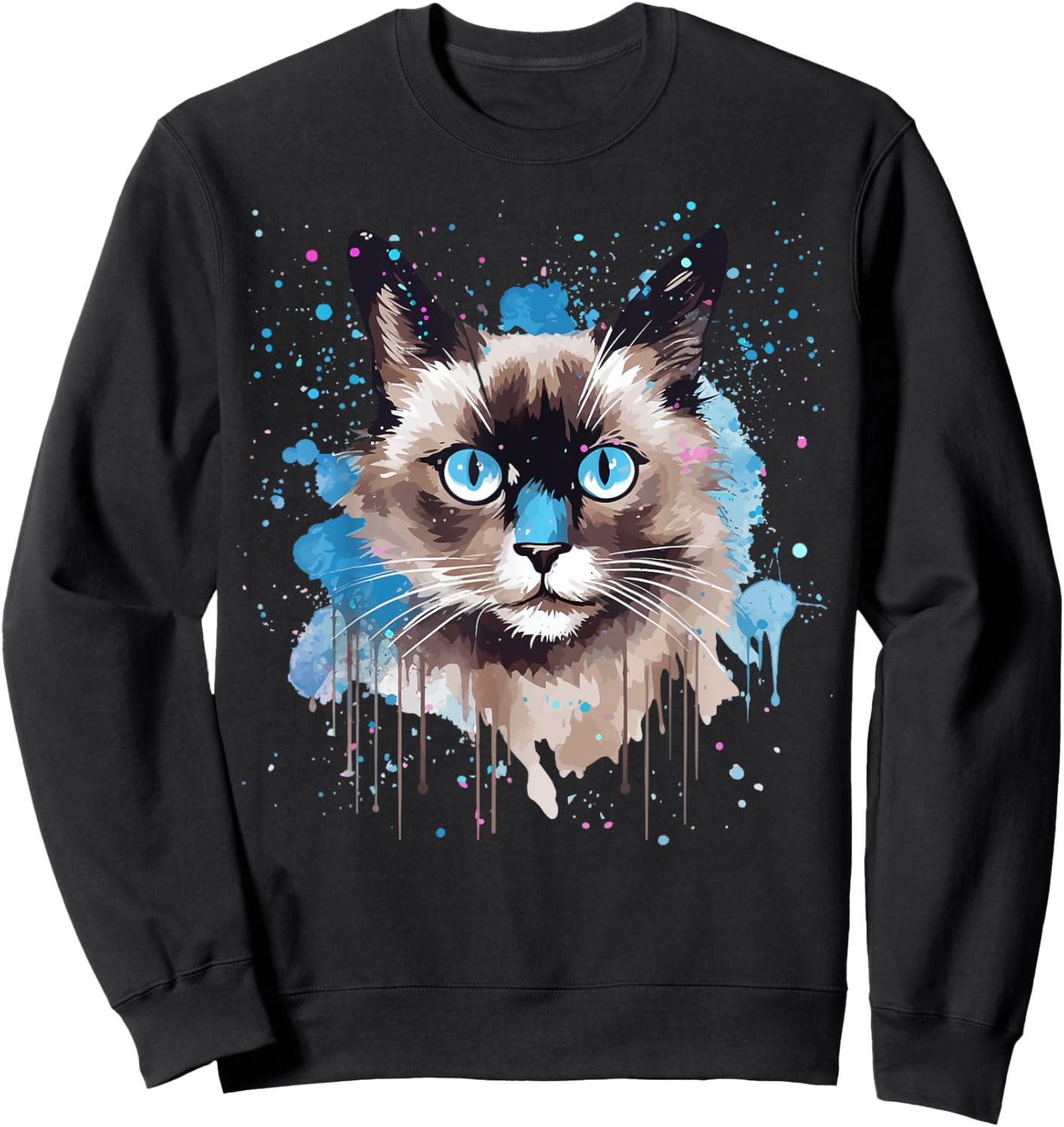 Colorful Splash Art Snowshoe Cat Face Women Kids Sweatshirt - Sweatshirt | Black