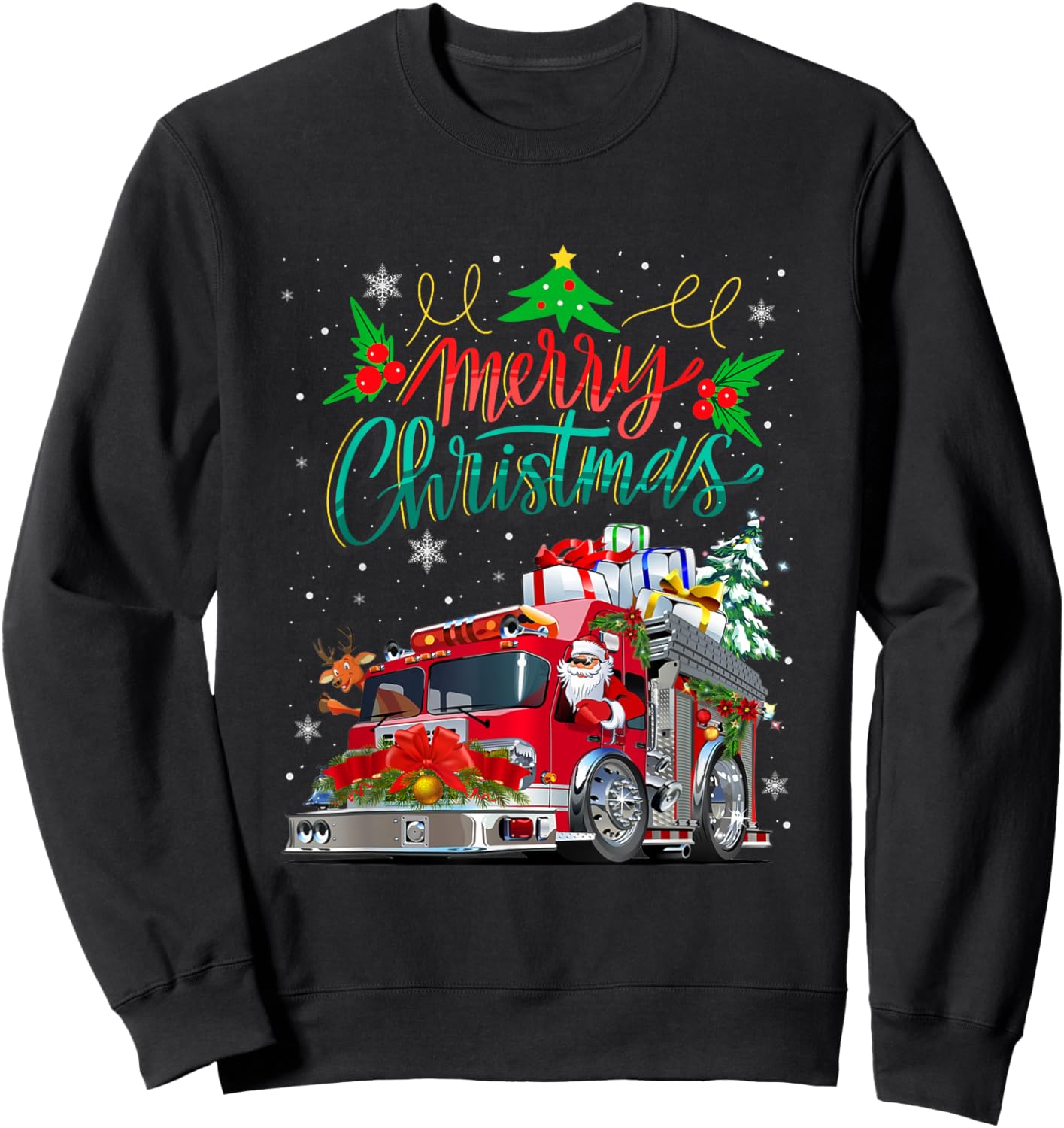 Firetruck Santa Sleigh Fireman Christmas Firefighter Xmas Sweatshirt - Sweatshirt | Black